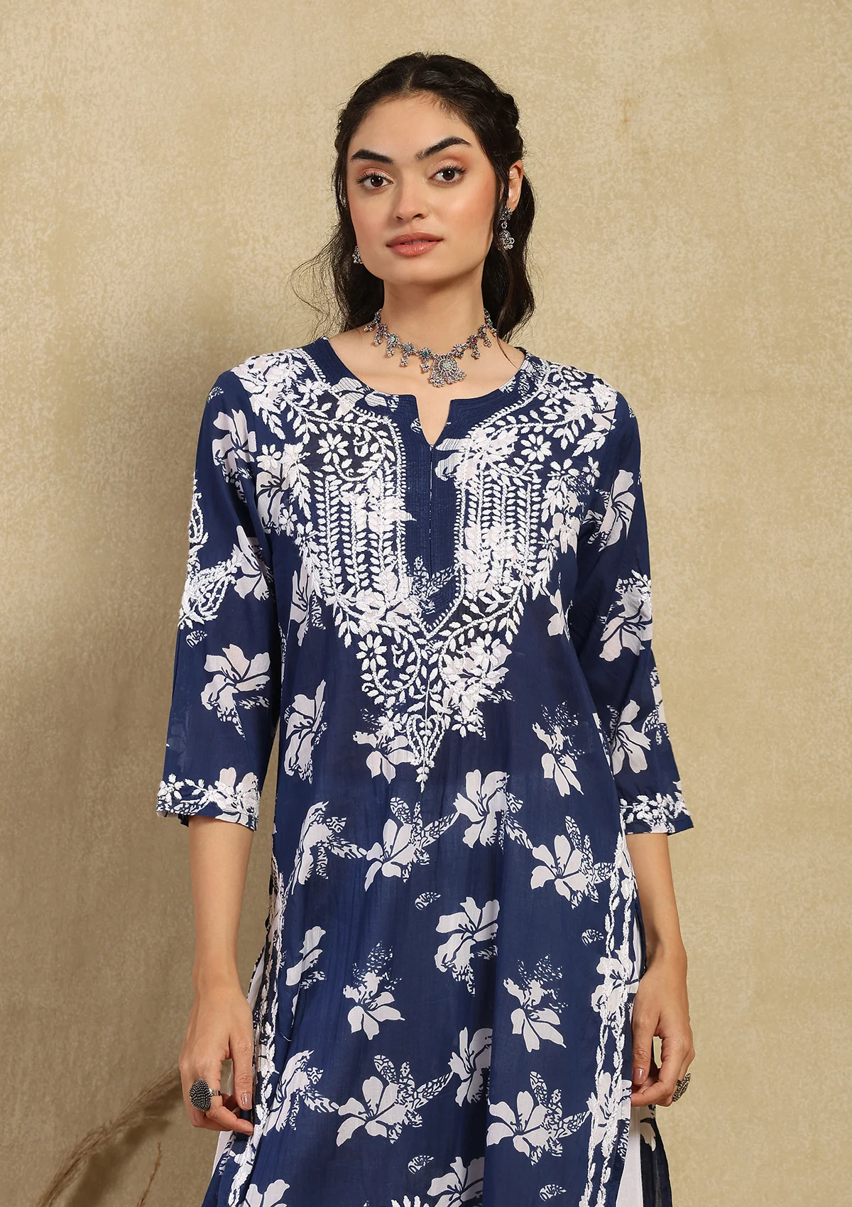 HOC Tamara Mulmul Chikankari Printed Women's Straight Kurta - Navy Blue - Healthber