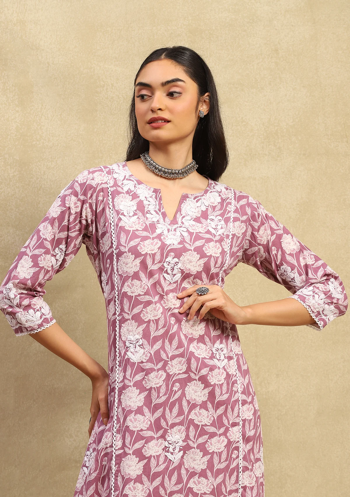 HOC Cotton Chikankari Printed Women's 2PC Long Kurta Set - Purple - Healthber