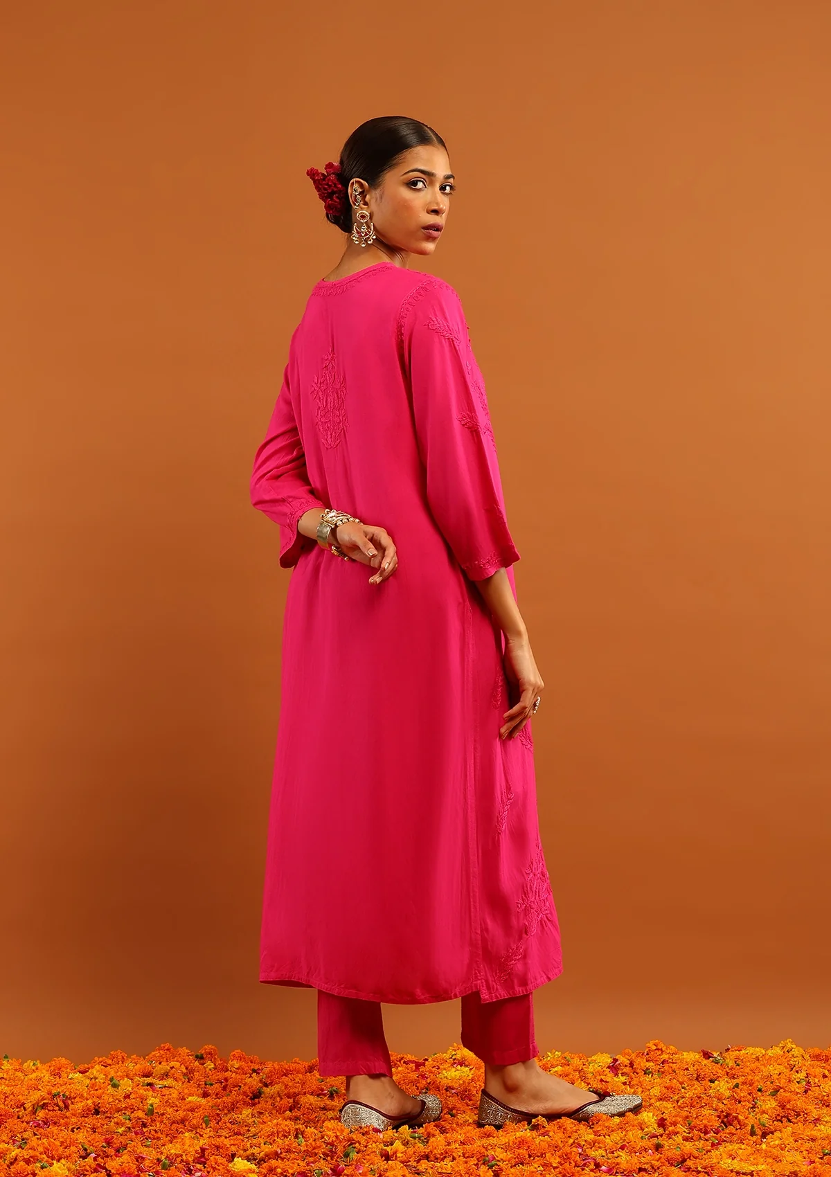 HOC Rayon Chikankari Solid Women's Long Kurta-Dark Pink - Healthber