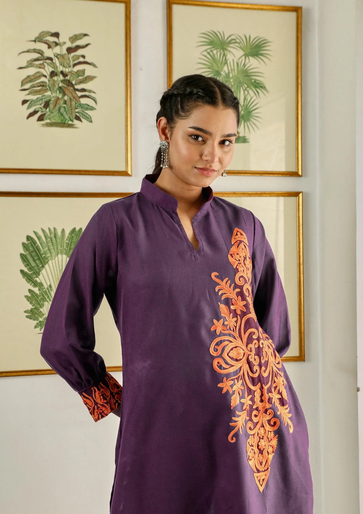 HOC Aari Embroidered Cotton Solid Women's Long Kurta - Purple - Healthber