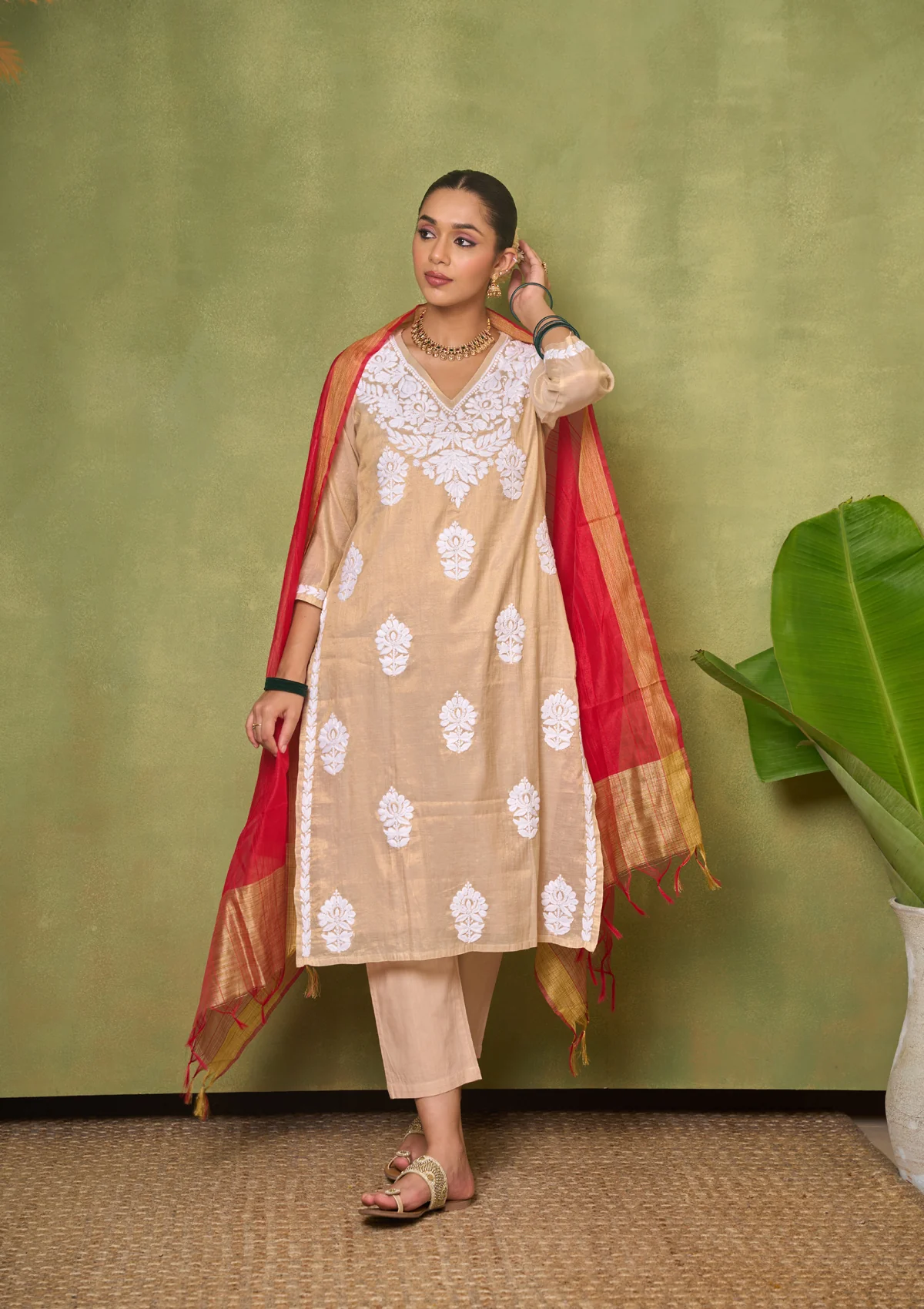 HOC Tissue Silk Chikankari Solid Women's 4 PC Long Kurta Set - Golden - Healthber