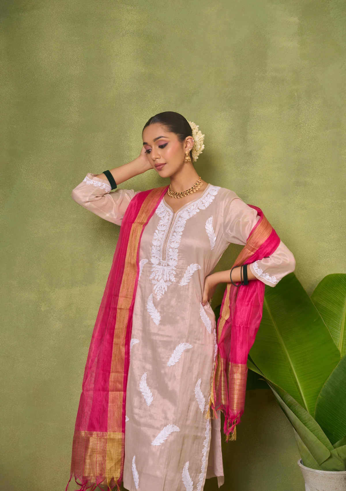 HOC Tissue Silk Chikankari Solid Women's 4 PC Long Kurta Set - Beige - Healthber