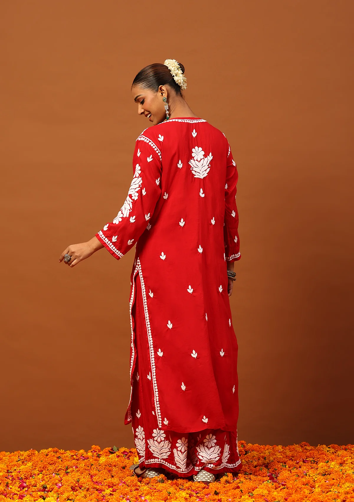 HOC Modal Chikankari Solid Women's 2 PC Long Kurta Set -Red - Healthber