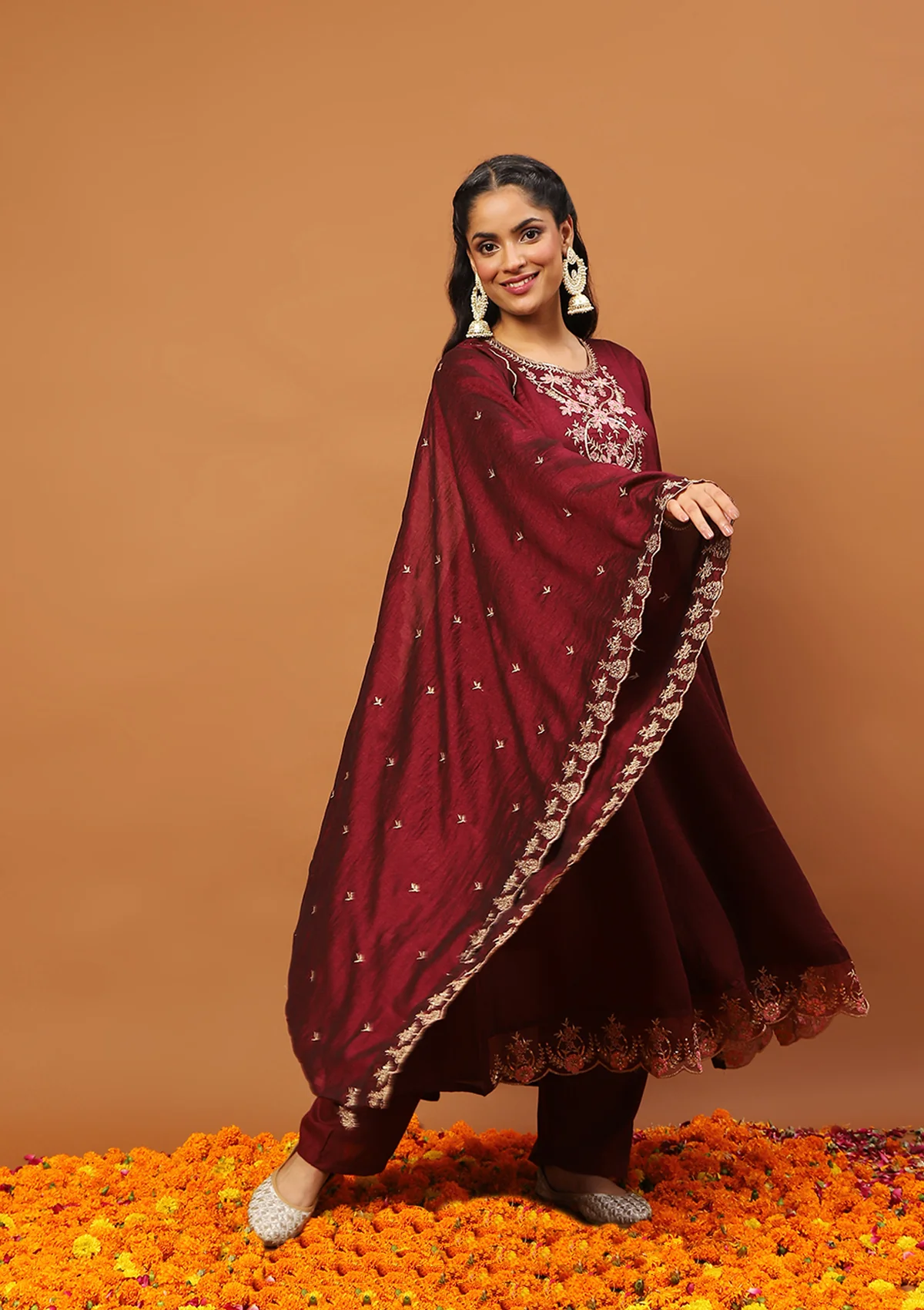 HOC Silk Blend Zari Embroidered With Sequins Solid Women's 3 PC Anarkali Kurta Set-Maroon - Healthber