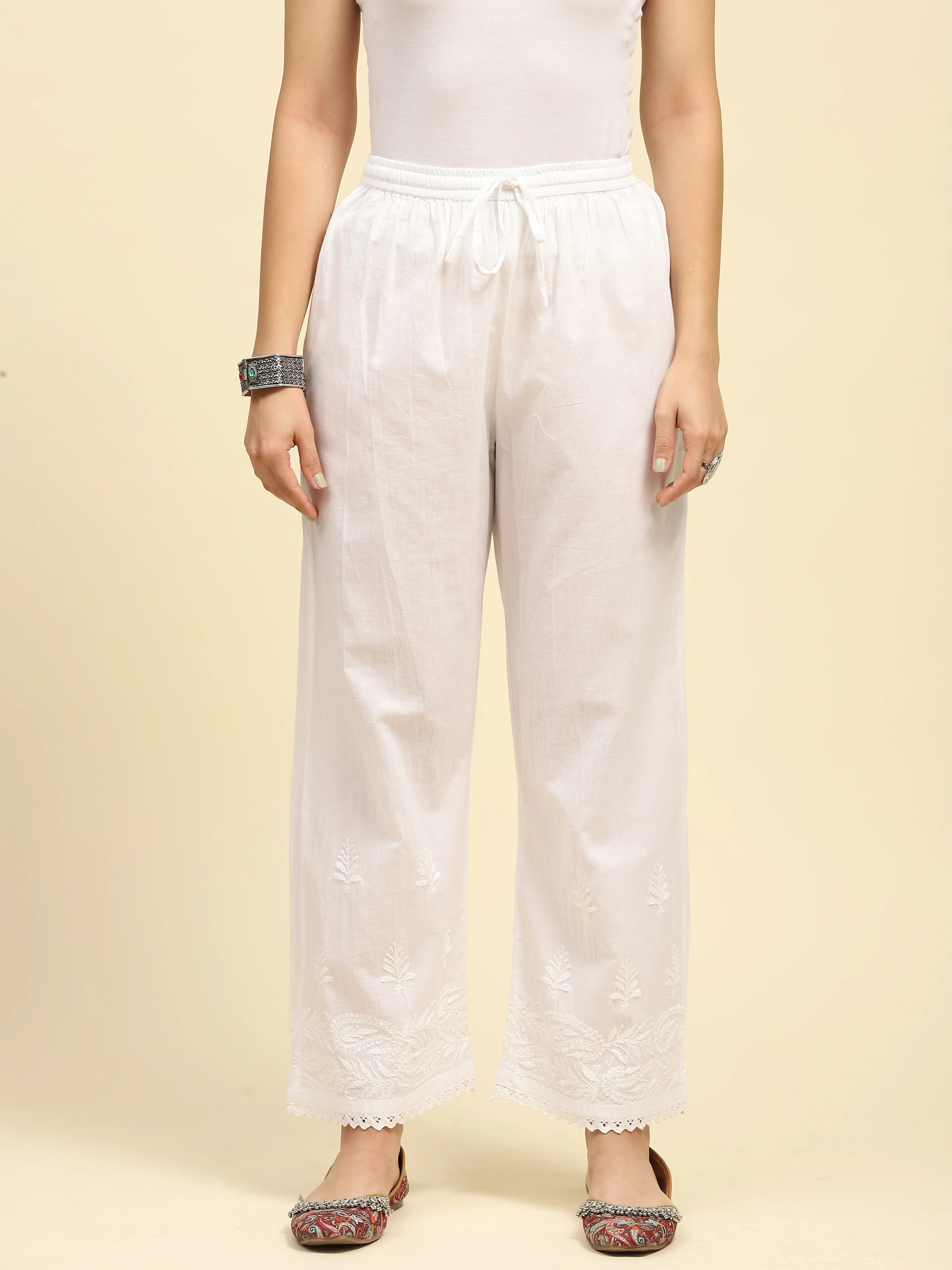 HOC Cotton Chikankari Solid Women's Palazzo - White - Healthber