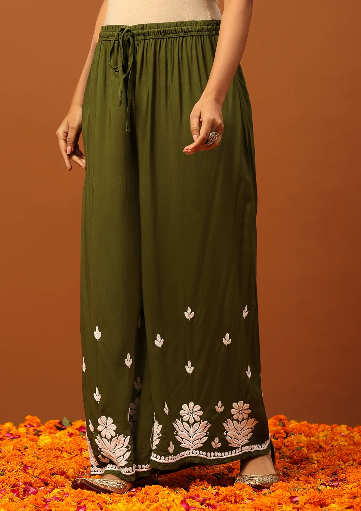 HOC Modal Chikankari Solid Women's 2 PC Long Kurta Set -Olive Green - Healthber