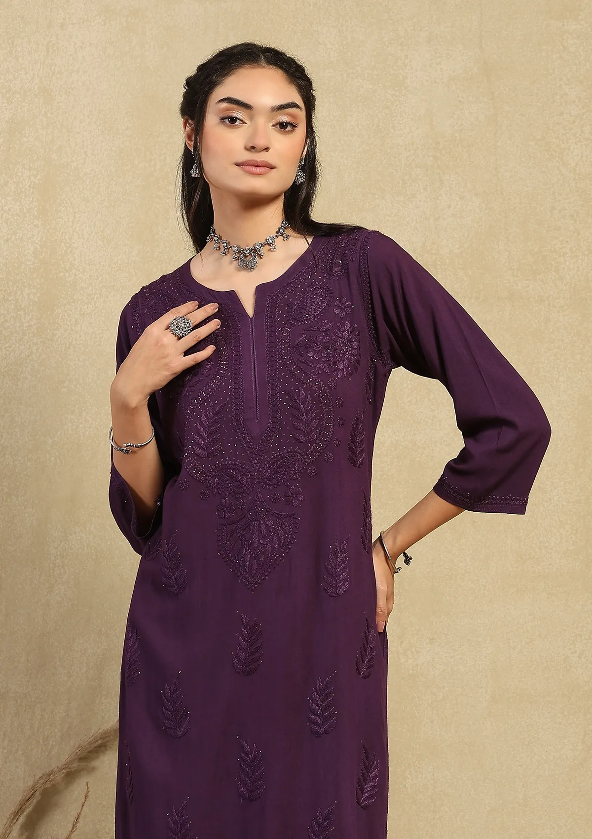 HOC Rayon Chikankari Mukaish Solid Women's 2PC Long Kurta Set -Dark Purple - Healthber
