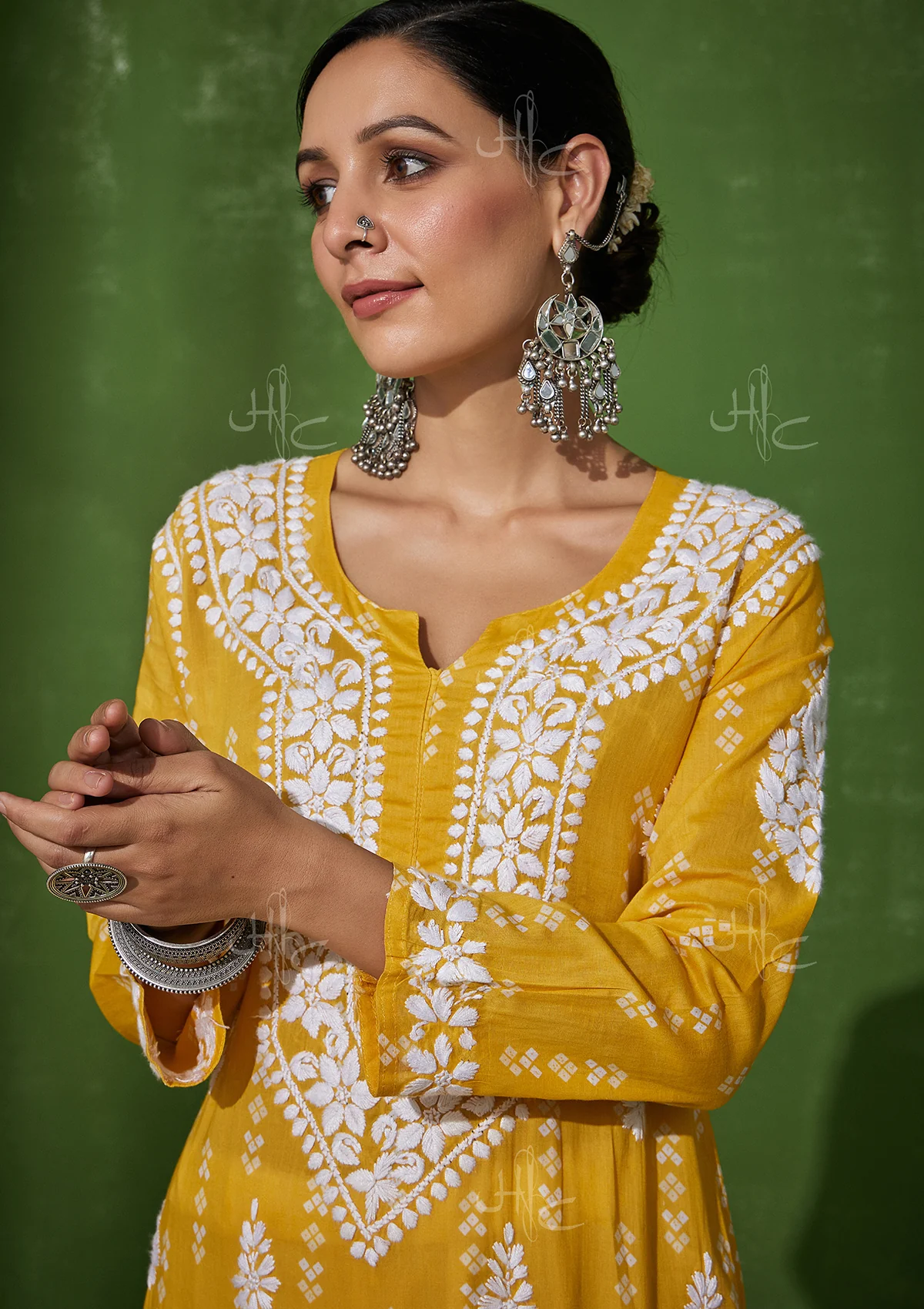 HOC Mira Chikankari Cotton Straight Kurta - Yellow - Healthber