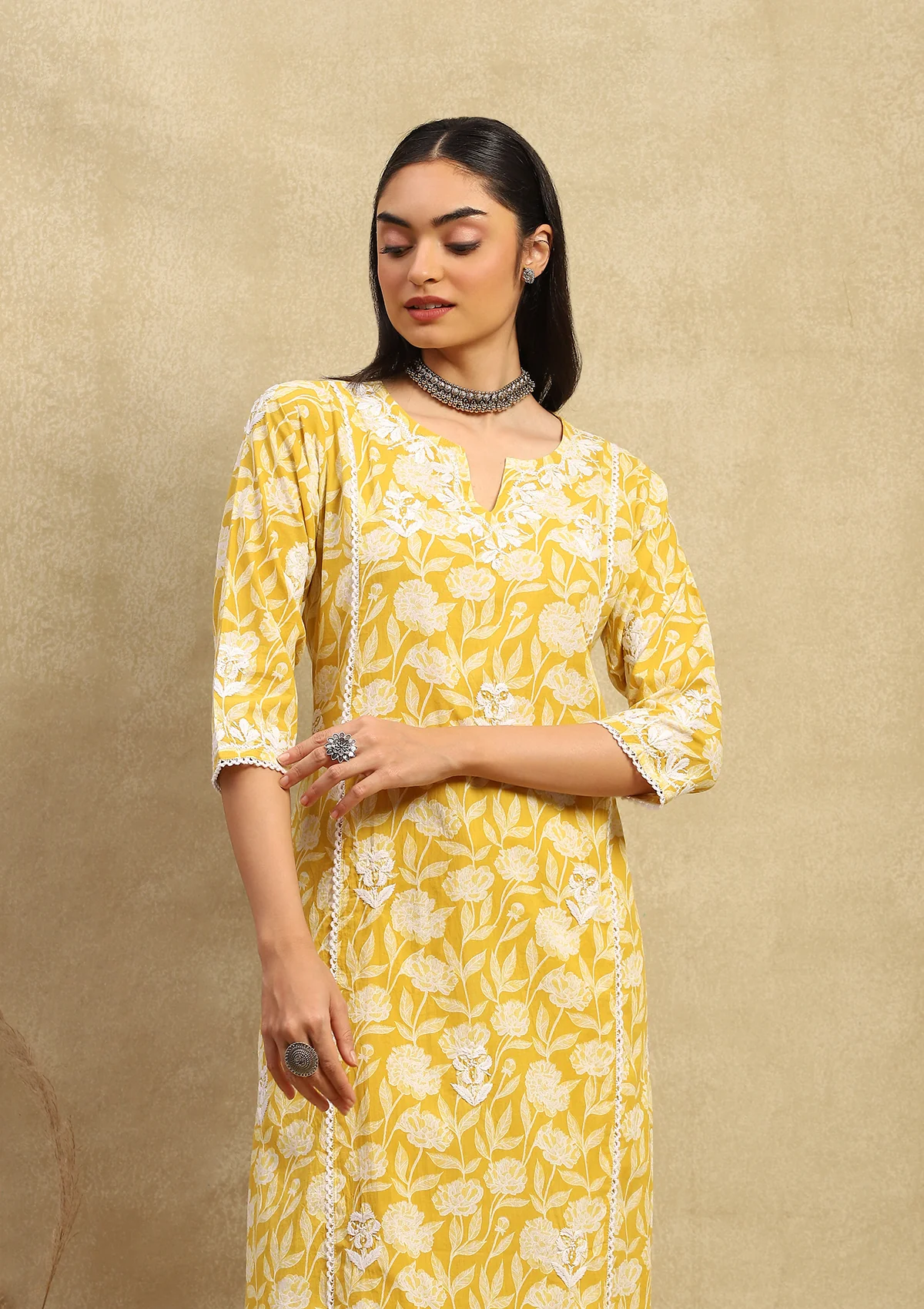 HOC Cotton Chikankari Printed Women's 2PC Long Kurta Set - Mustard Yellow - Healthber