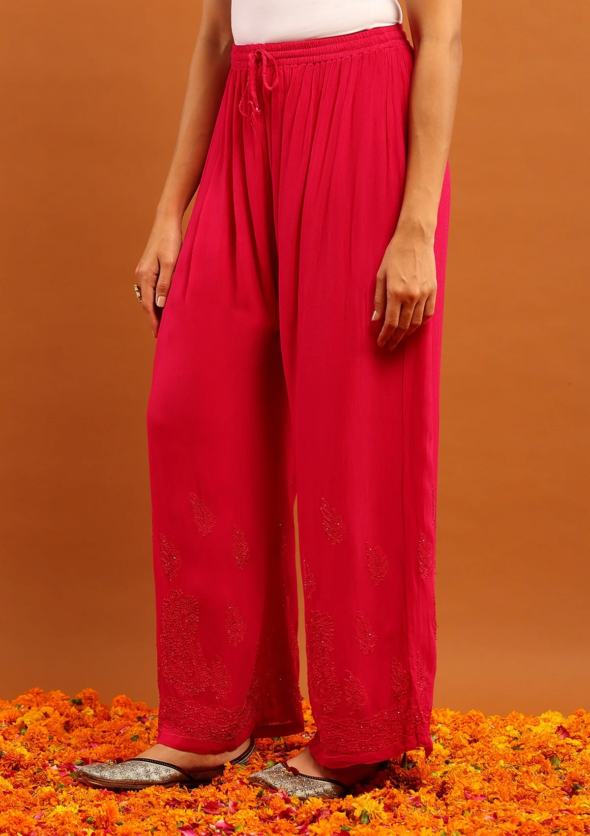 HOC Viscose Georgette Chikankari Mukaish & Kamdani Solid Women's 3 PC Long Kurta Set-Magenta - Healthber