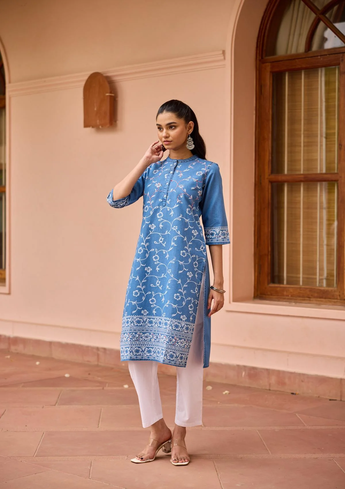 HOC Kantha Hand Embellished Denim Printed Women's Straight Kurta-Light Blue - Healthber