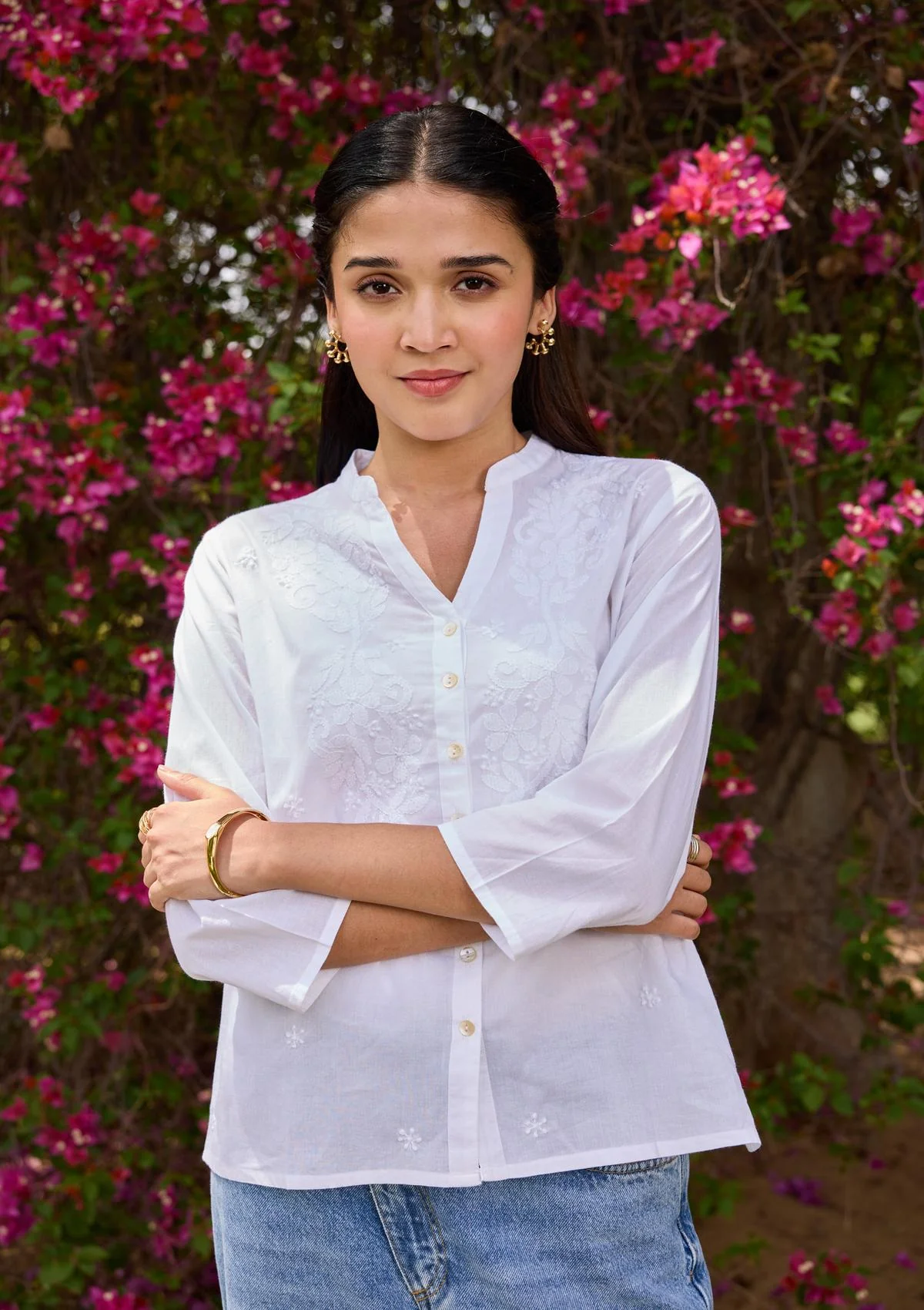 HOC Cotton Chikankari Solid Women's Shirt - White - Healthber