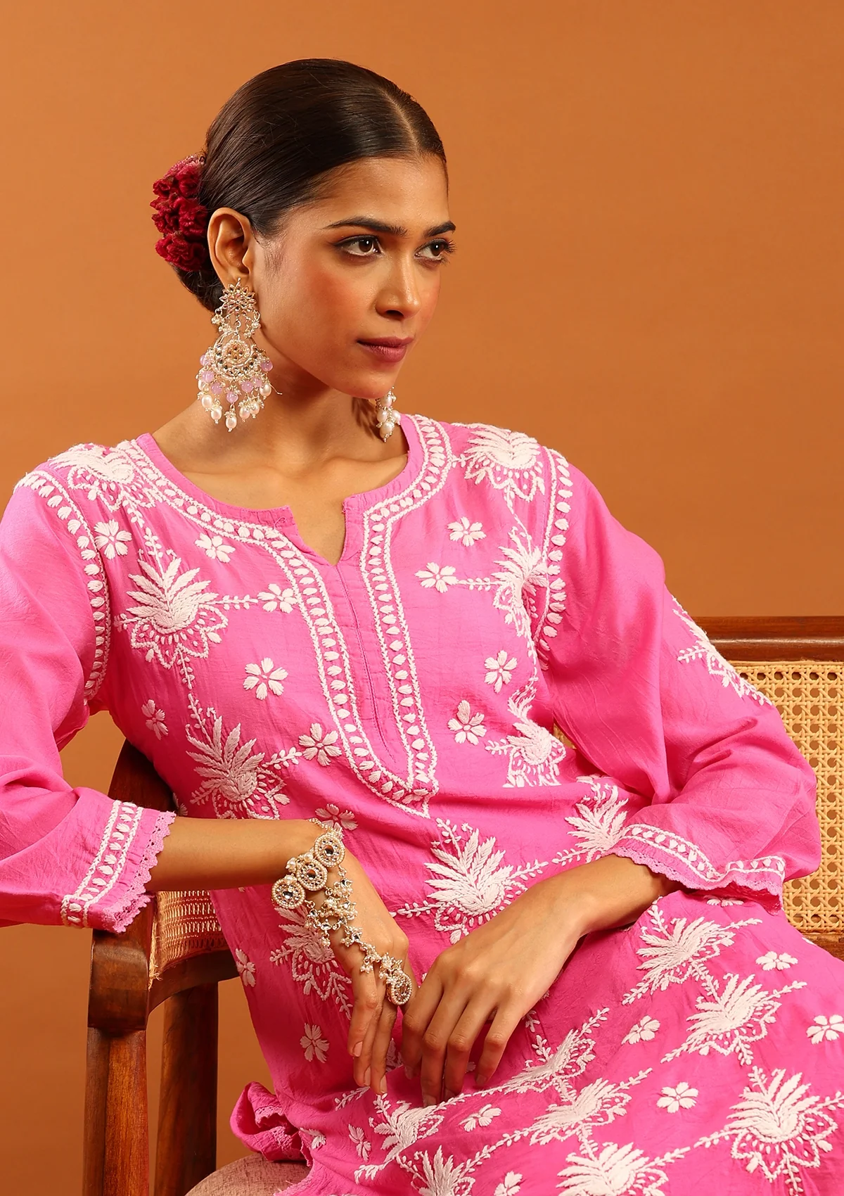 HOC Chanderi Chikankari Ombre Women's Long Kurta-Pink - Healthber