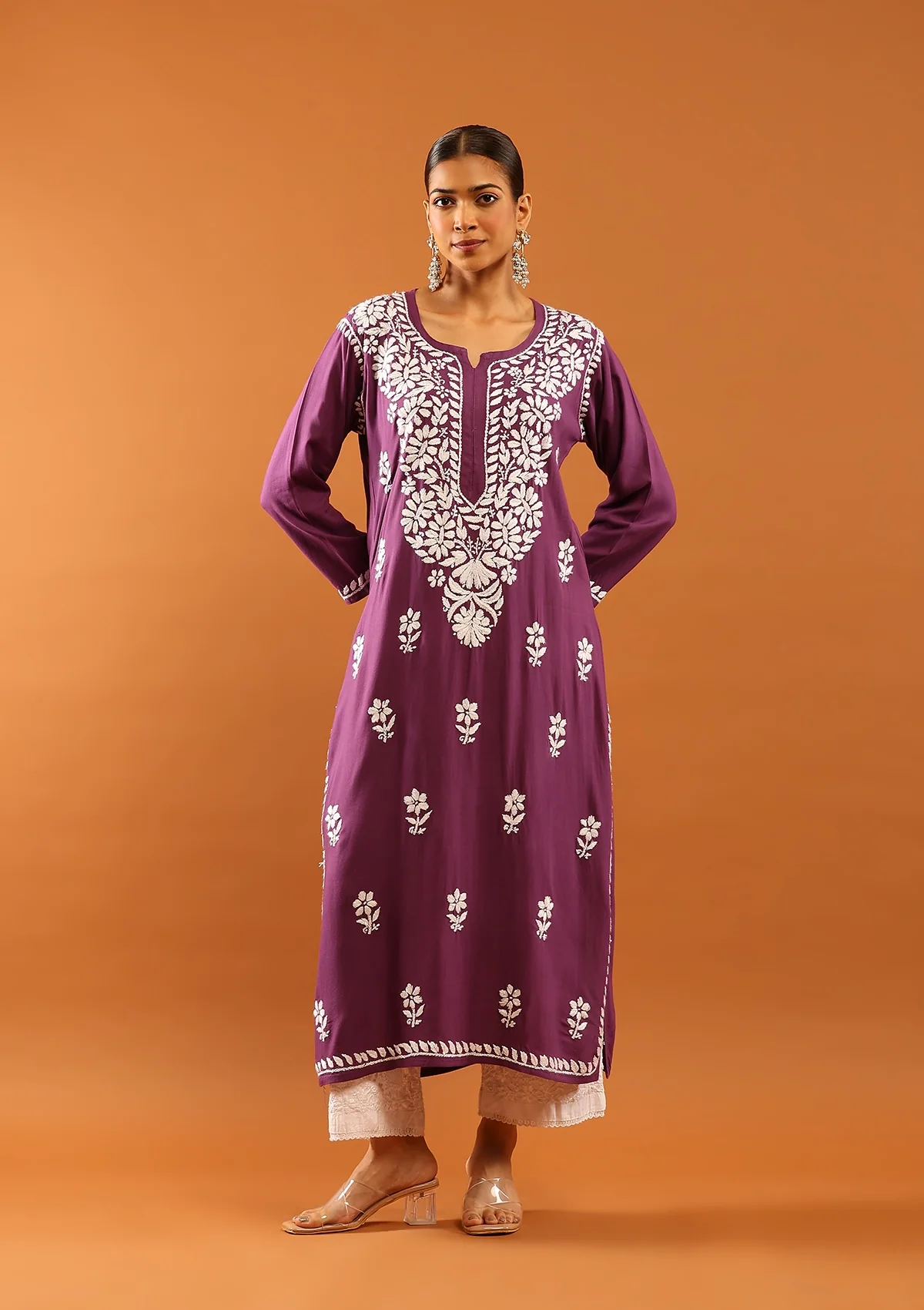 HOC Rayon Chikankari Solid Women's Long Kurta -Dark Purple - Healthber