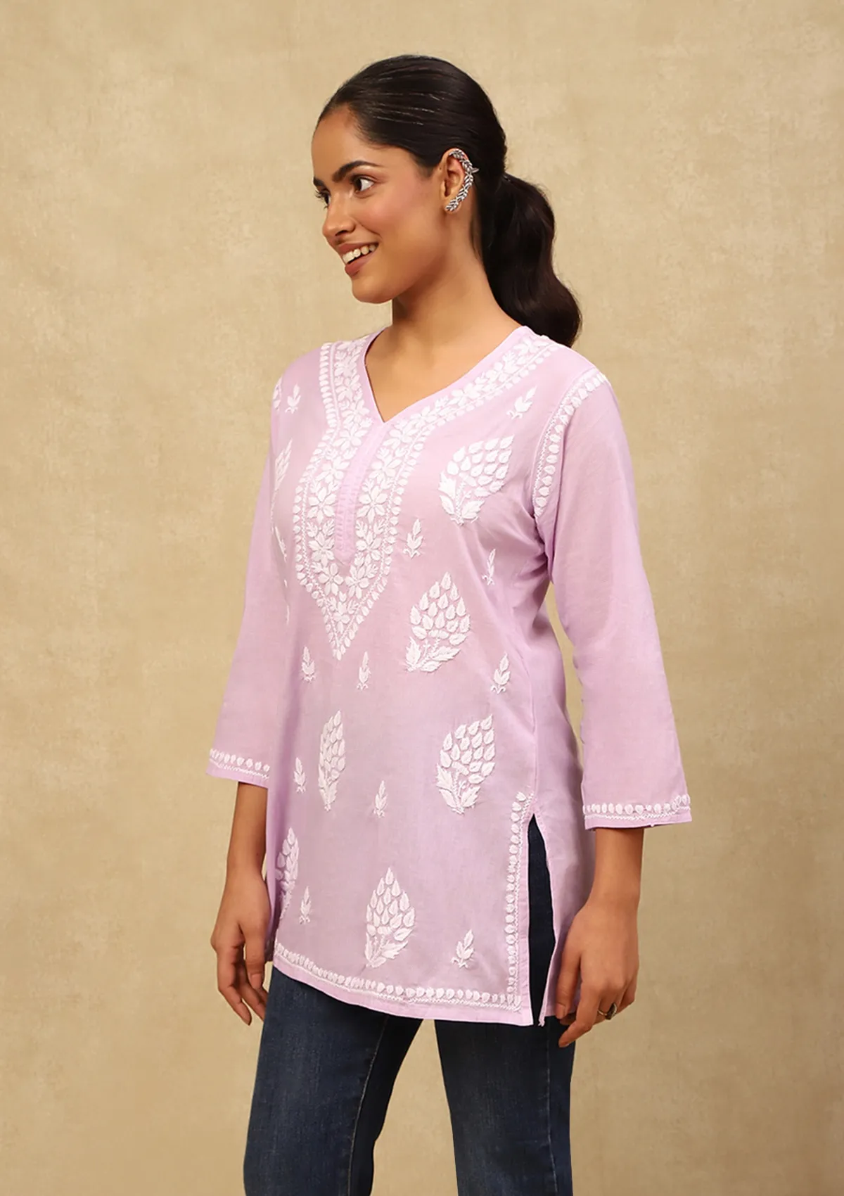 HOC Cotton Chikankari Solid Women's Short Kurta - Purple - Healthber