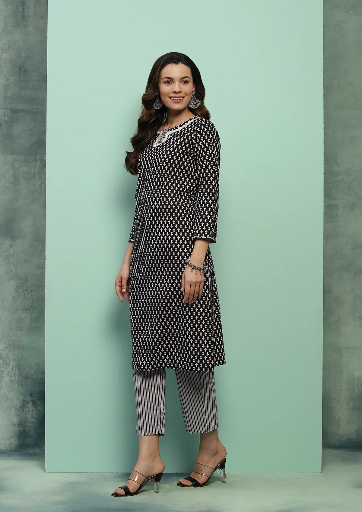 HOC Cotton Printed Women's 2 PC Long Kurta Set - Black - Healthber