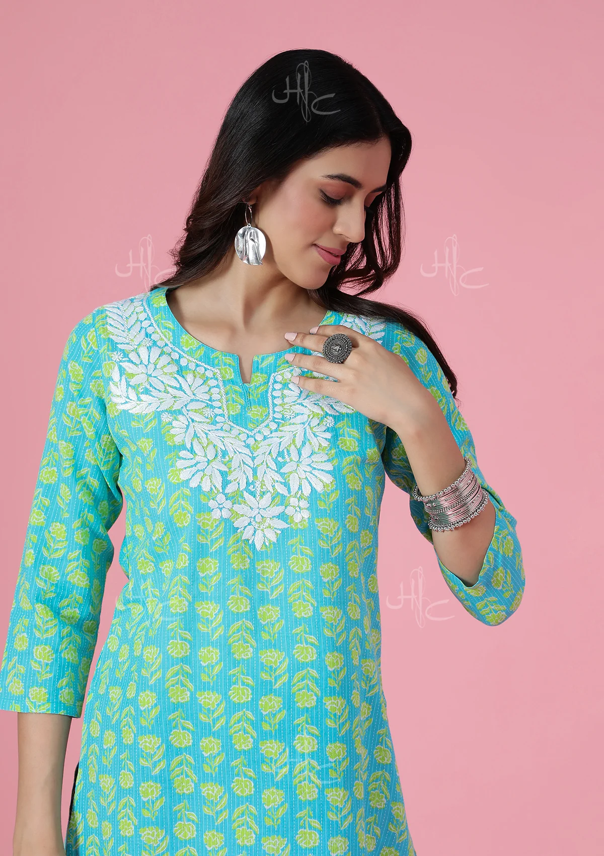 HOC Kantha Cotton Chikankari Printed Women's Short Kurta - Blue - Healthber