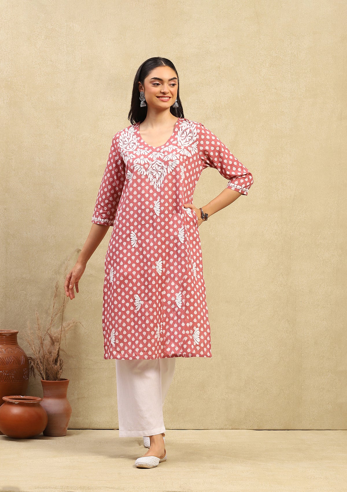 HOC Cotton Chikankari Printed Women's Long Kurta - Dust Pink - Healthber