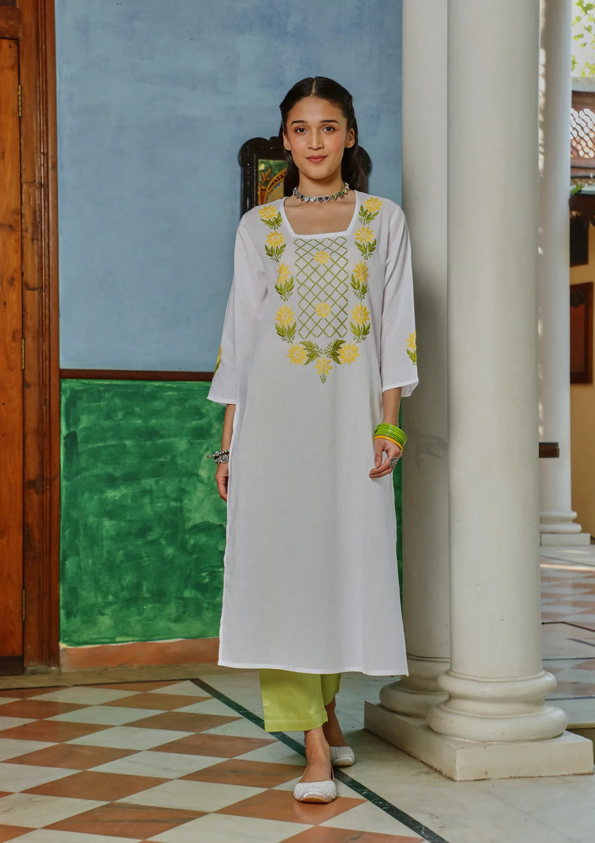 HOC Cotton Chikankari Solid Women's Long Kurta - White - Healthber