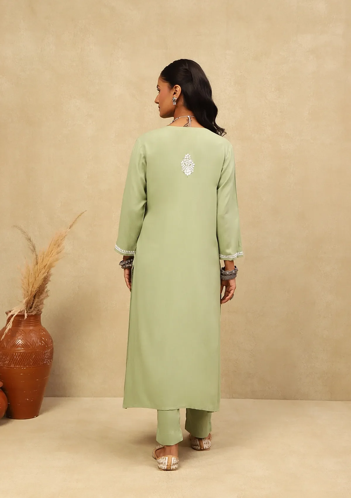 HOC Rayon Chikankari With Mukaish Solid Women's 2 PC Long Kurta Set - Green - Healthber