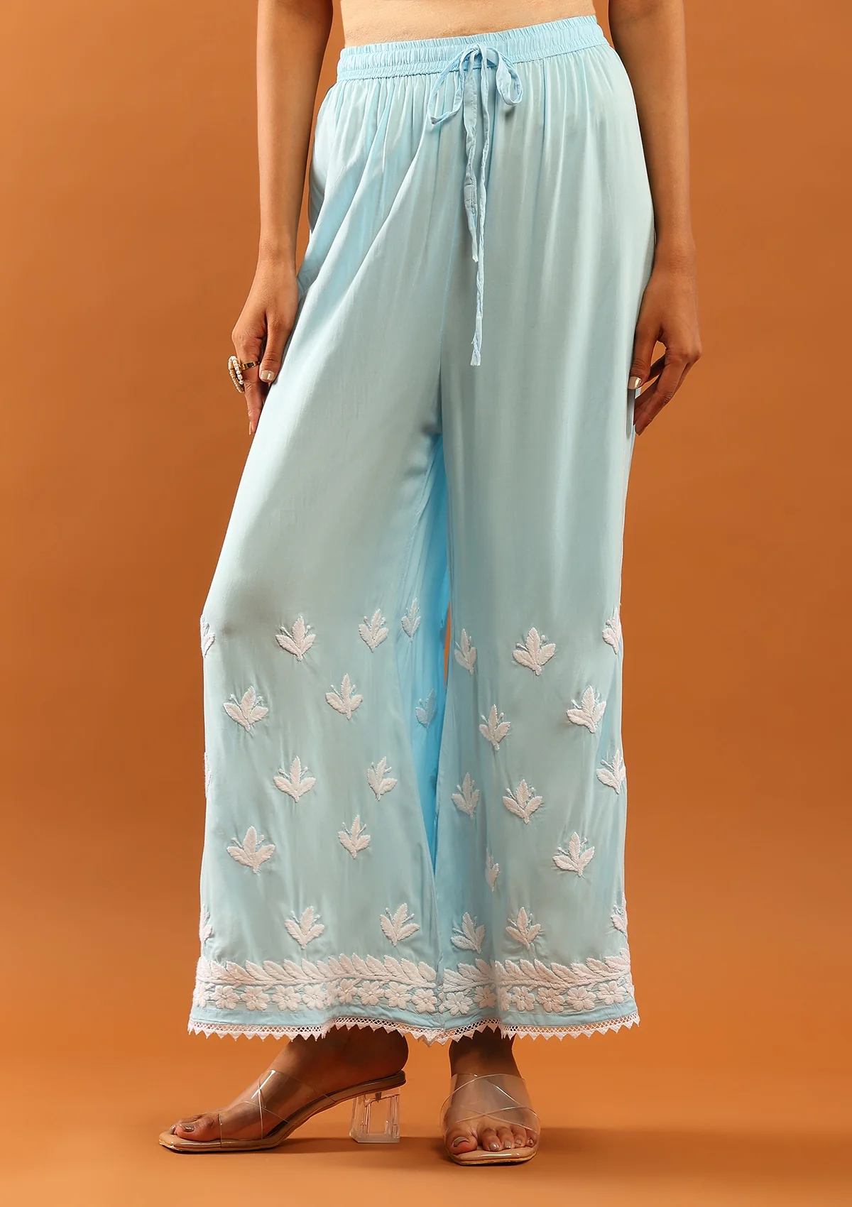 HOC Modal Chikankari Solid Women's 2 PC Long Kurta Set With Lace -Pastel Blue - Healthber