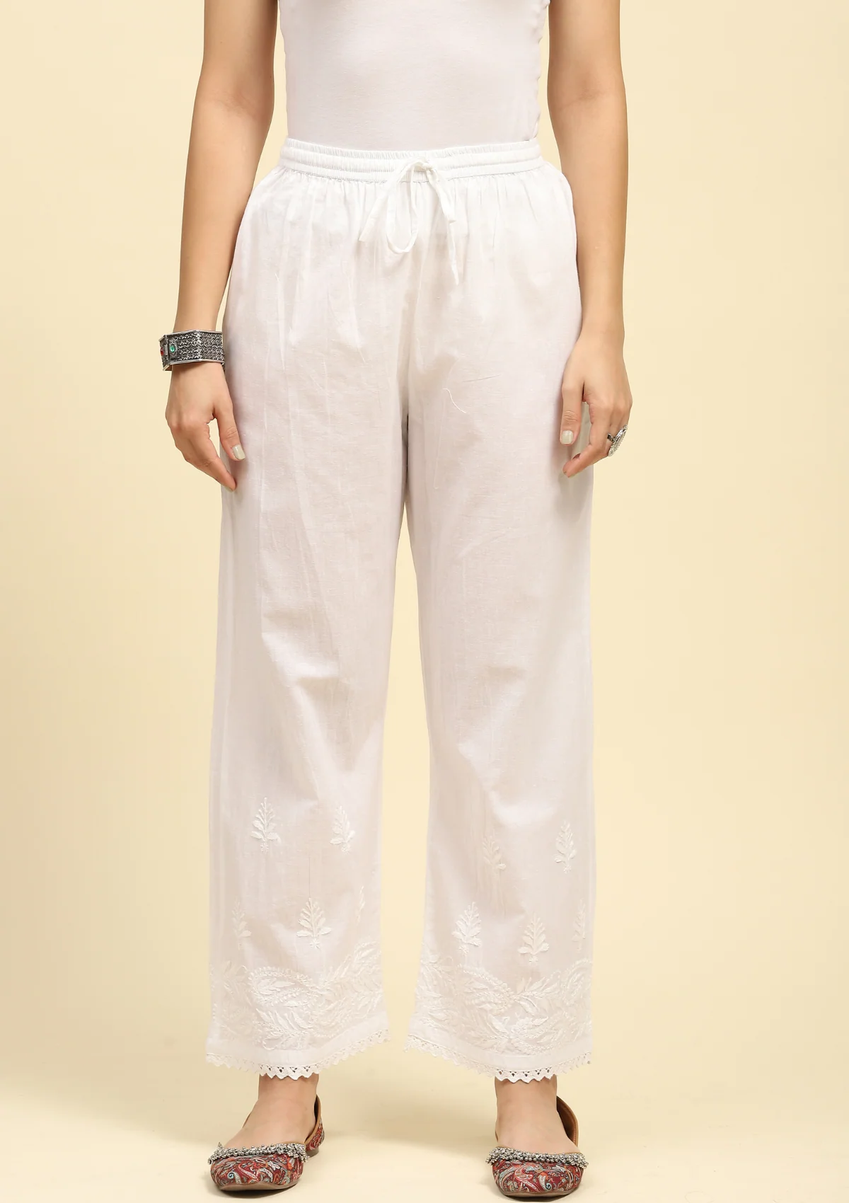 HOC Cotton Chikankari Solid Women's Palazzo - White - Healthber