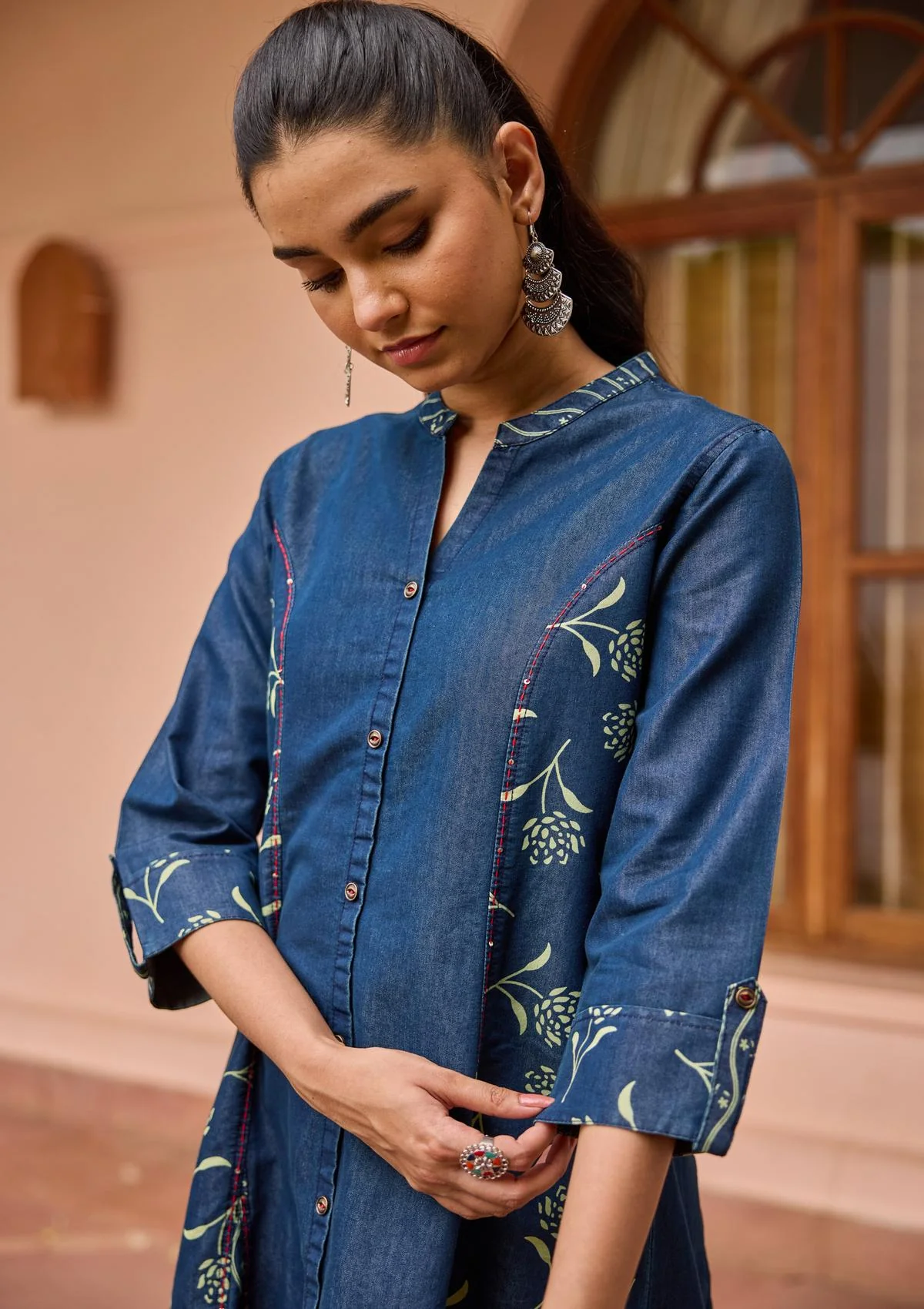 HOC Kantha Hand Embellished Denim Printed Women's A-Line Kurta-Green Wash Blue - Healthber