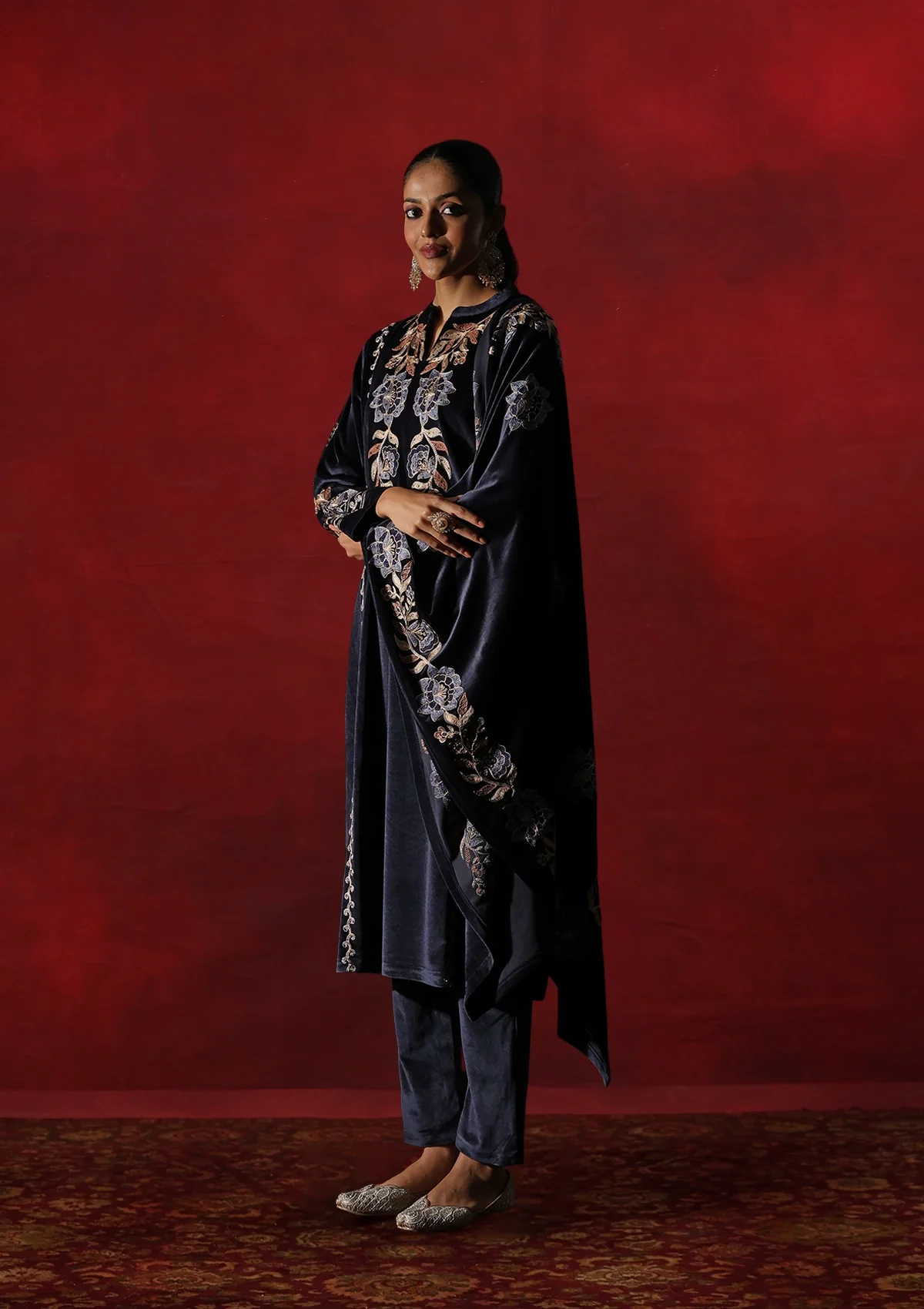 HOC Velvet Embroidered & Embellished Solid Women's 3 PC Kurta Set- Navy Blue - Healthber