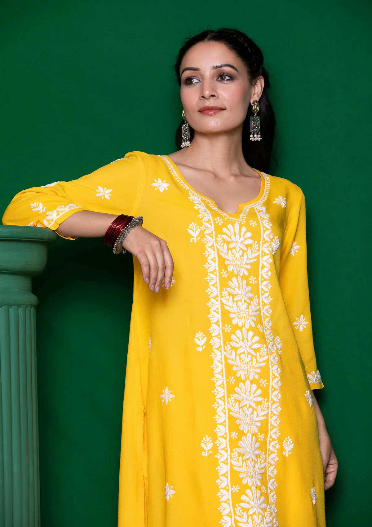 HOC Rayon Chikankari Solid Women's 3 PC Long Kurta Set - Yellow - Healthber