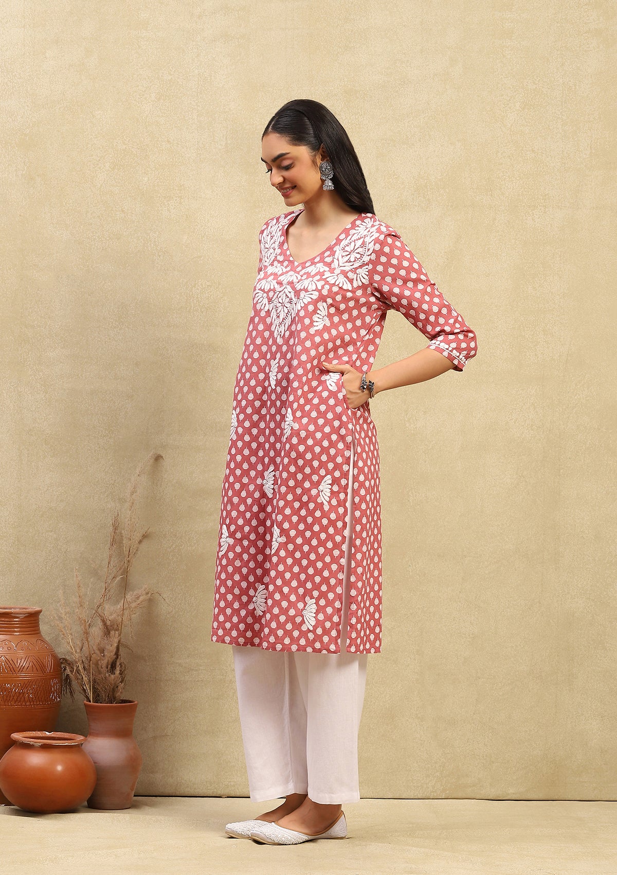 HOC Cotton Chikankari Printed Women's Long Kurta - Dust Pink - Healthber