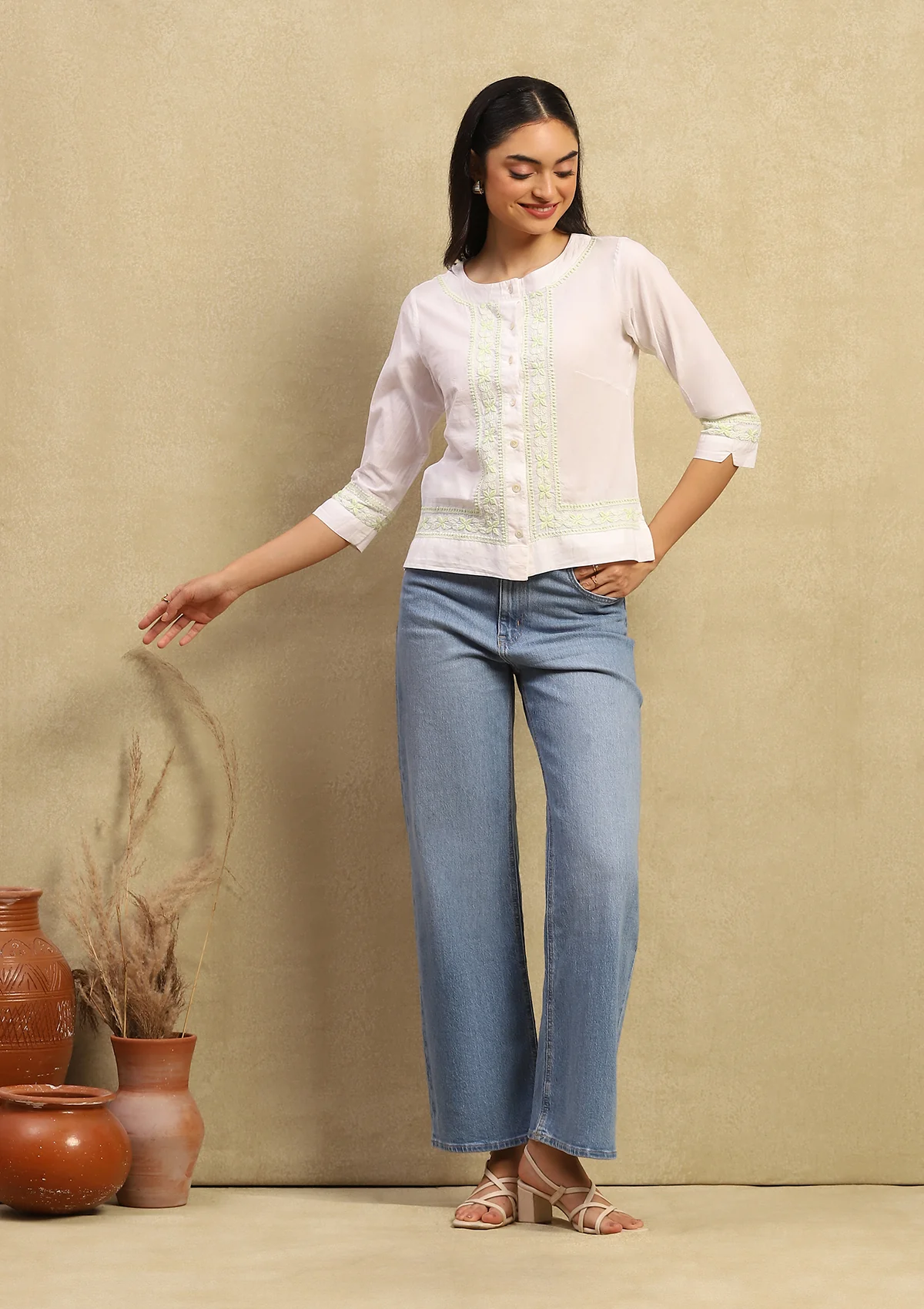 HOC Cotton Chikankari Solid Women's Shirt - White - Healthber