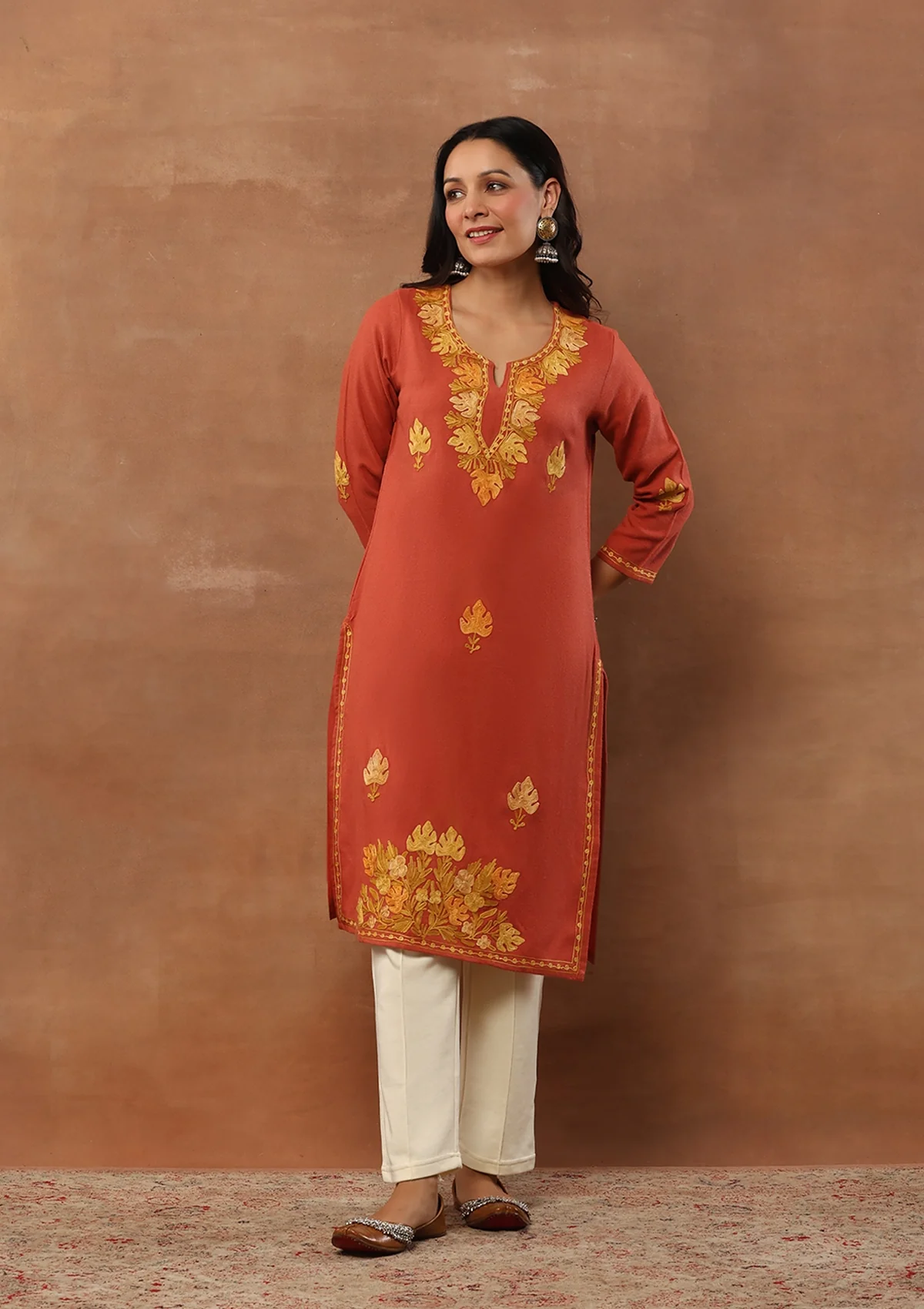 HOC Aari Embroidered Woollen Solid Women's Long Kurta - Coral - Healthber