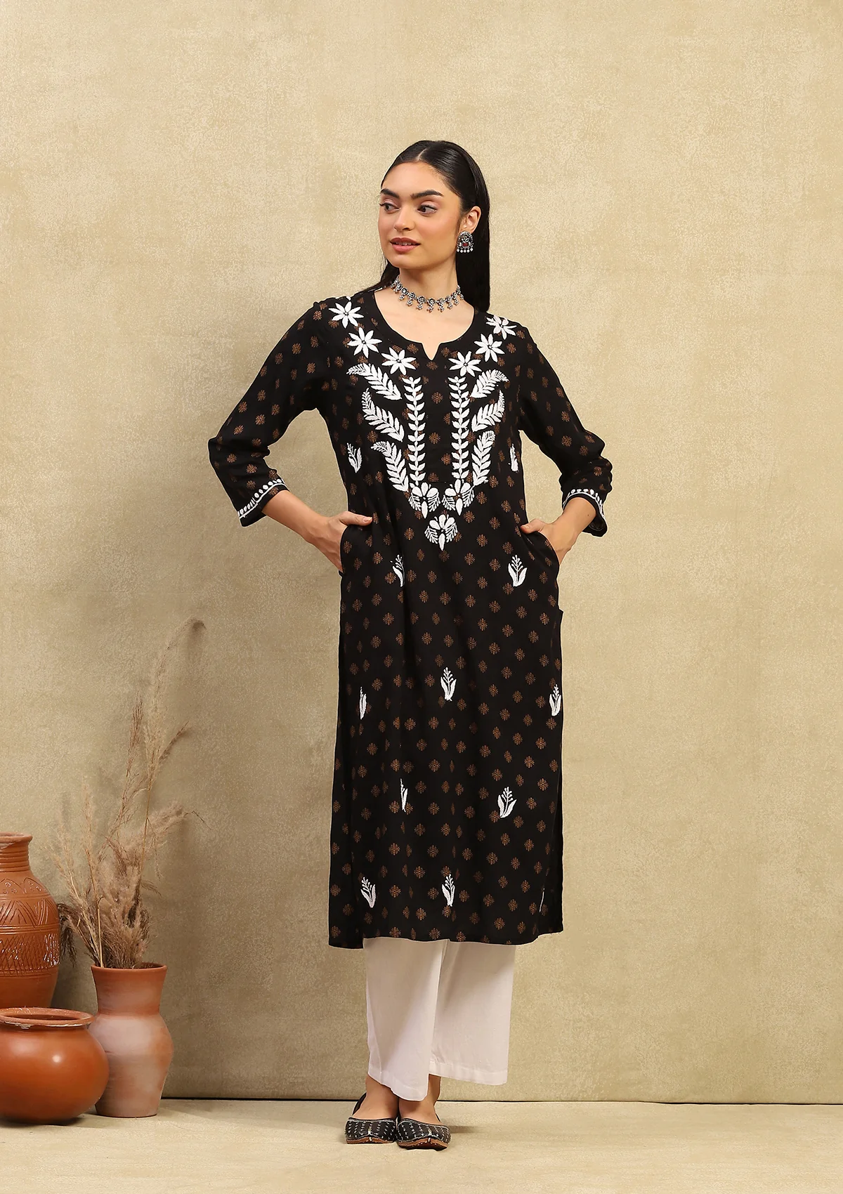HOC Rayon Chikankari Printed Women's Long Kurta - Black - Healthber
