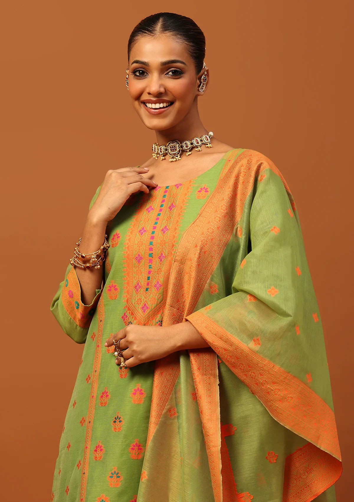 HOC Banarasi Chanderi Hand Weave Women's 3PC Long Kurta Set -Green - Healthber