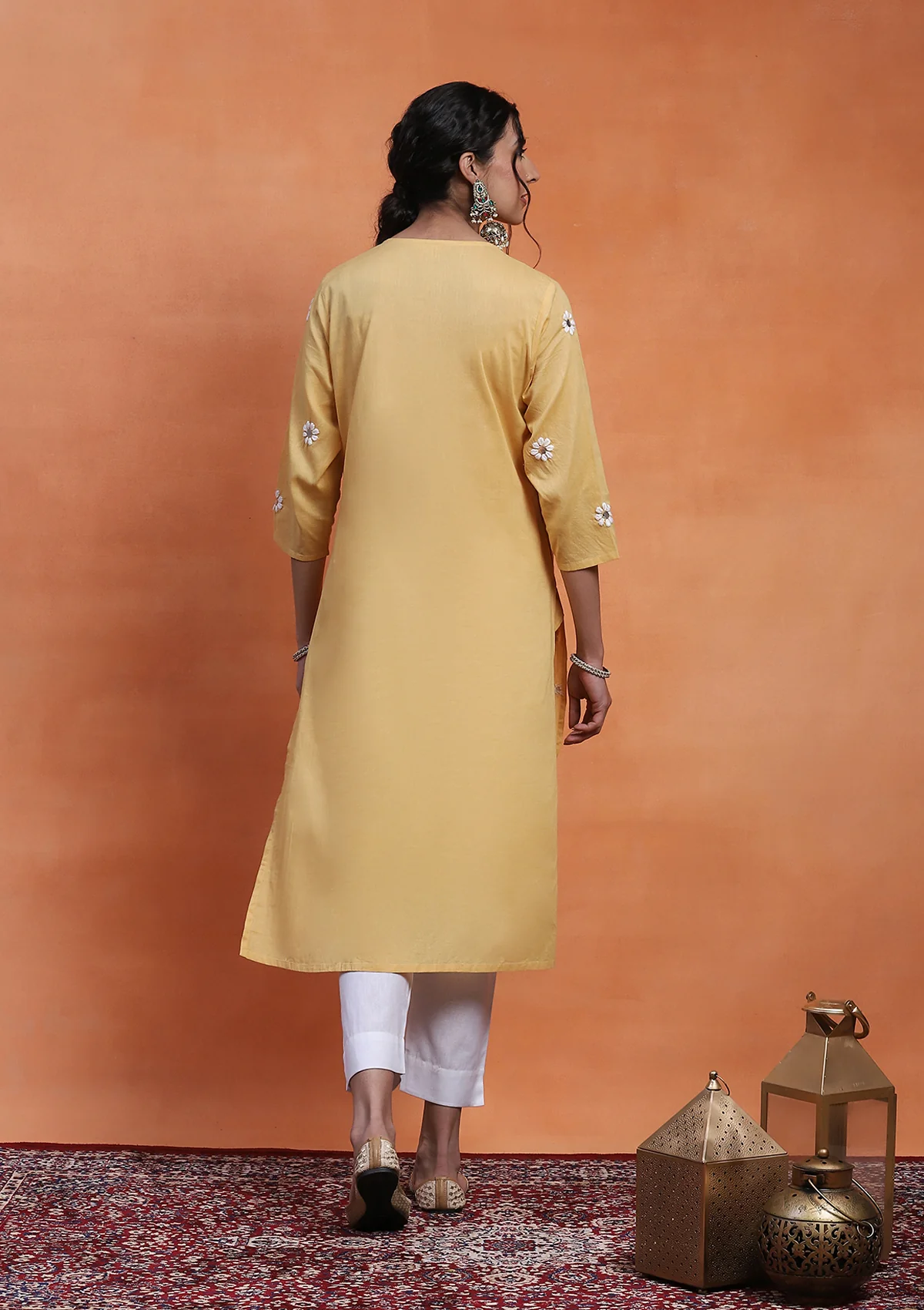 HOC Cotton Chikankari Gota Work Women's Long Kurta - Yellow - Healthber