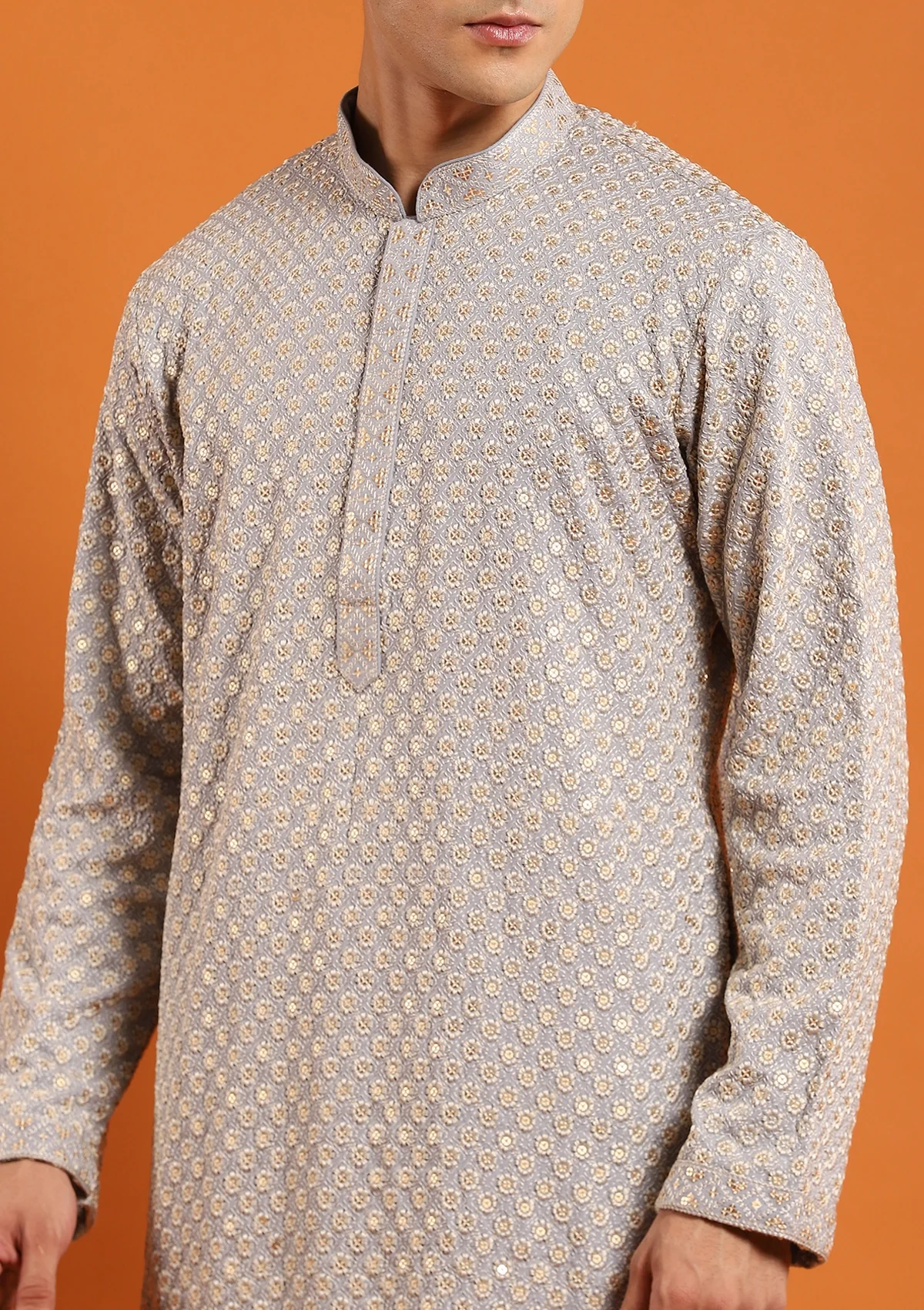 HOC Rayon Embroidered With Sequins Solid Men's Long Kurta- Light Grey - Healthber