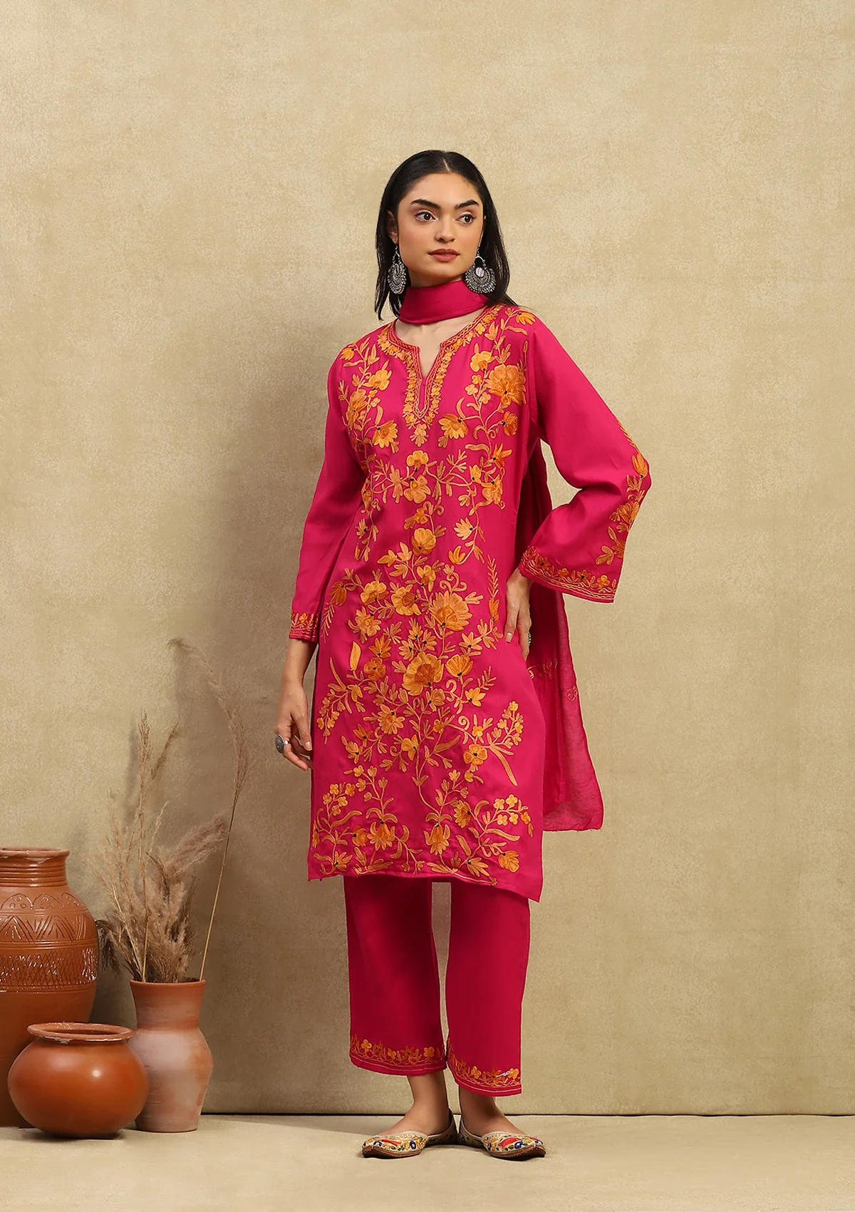 HOC Crafts Cotton Aari Embroidered Solid Women's 3 PC Long Kurta Set with Dupatta - Pink - Healthber