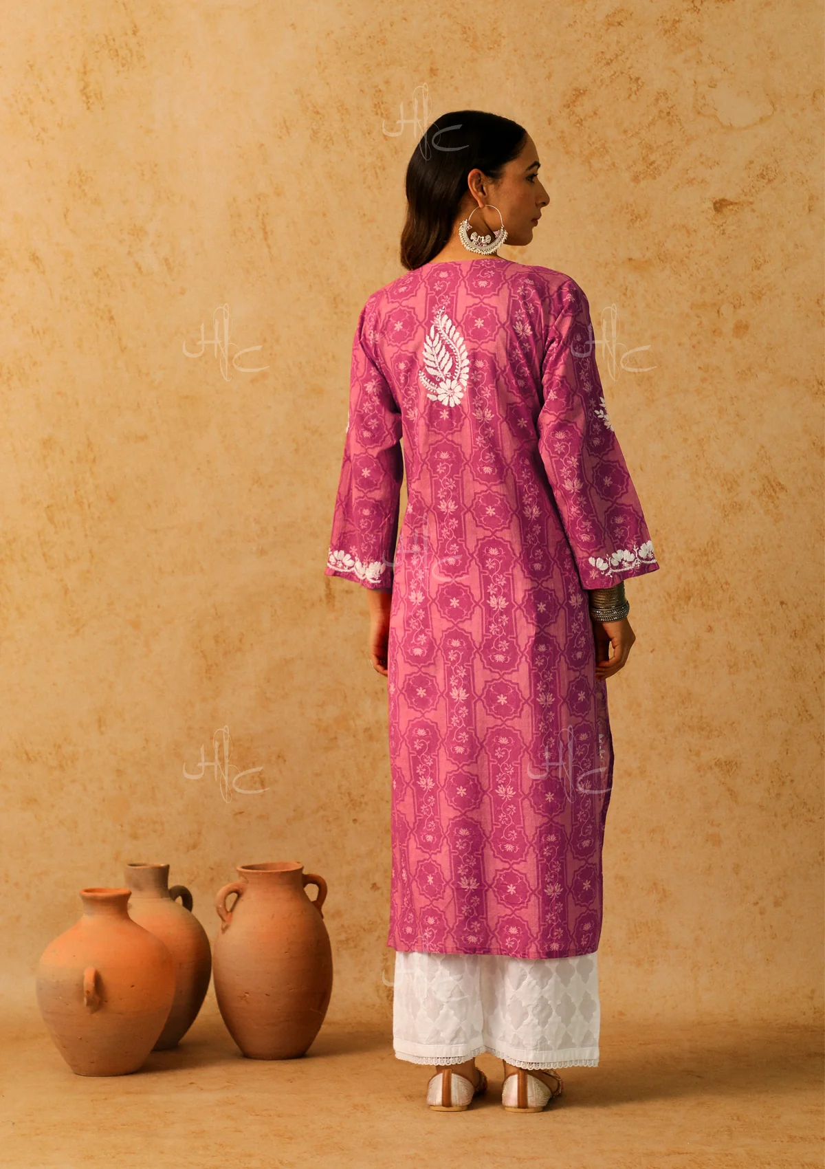 HOC Mulmul Chikankari Printed Women's Long Kurta - Pink - Healthber