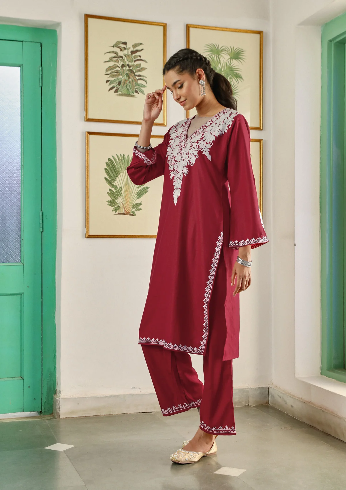 HOC Cotton Aari Embroidered Solid Women's 2 PC Long  Kurta Set - Red - Healthber