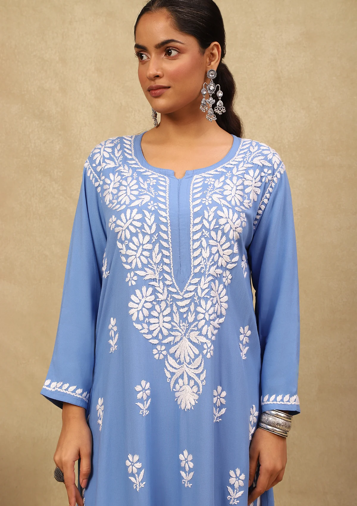 HOC Rayon Chikankari Solid Women's Long Kurta -Blue - Healthber