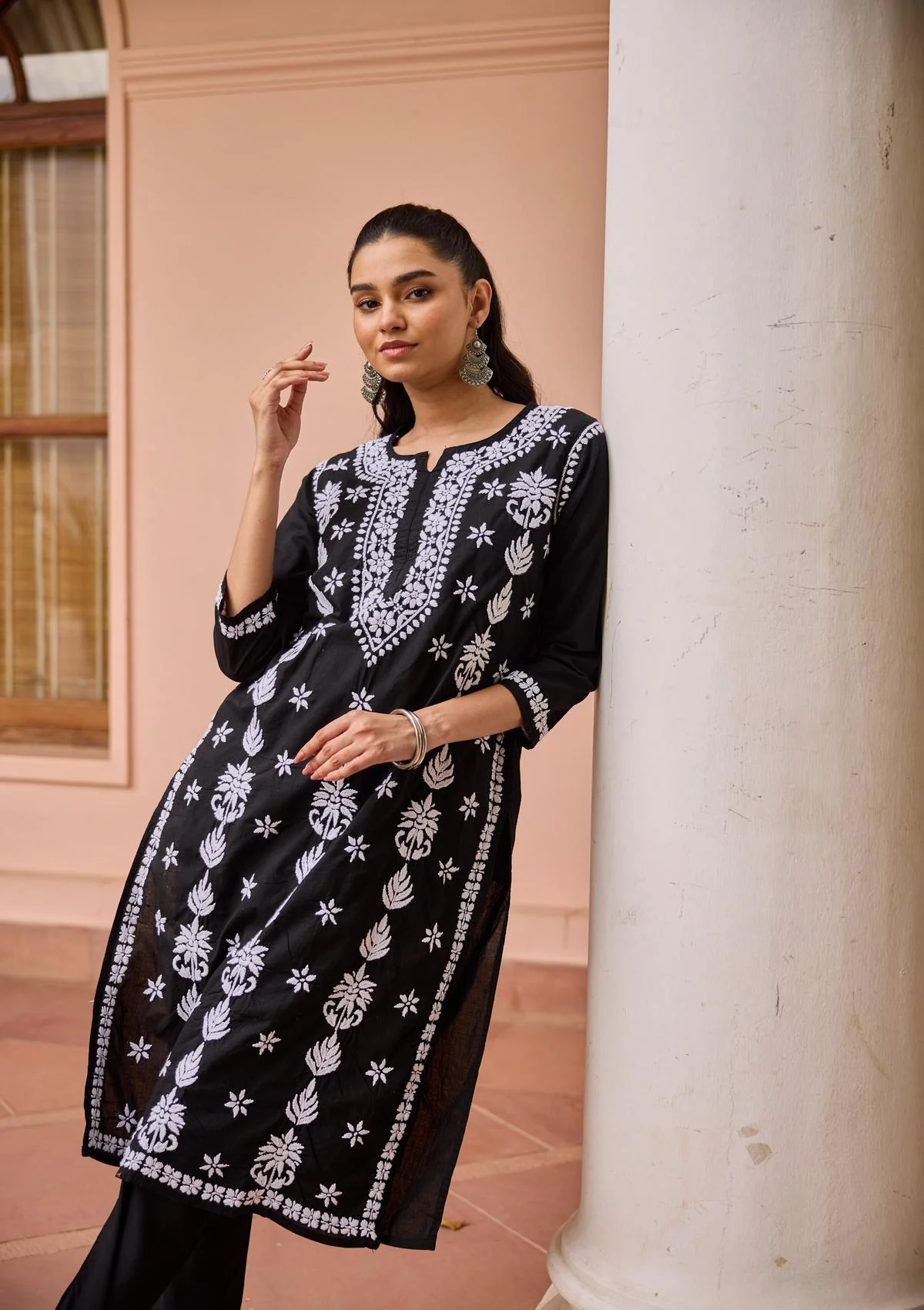 HOC Cotton Chikankari Solid Women's Long Kurta - Black - Healthber
