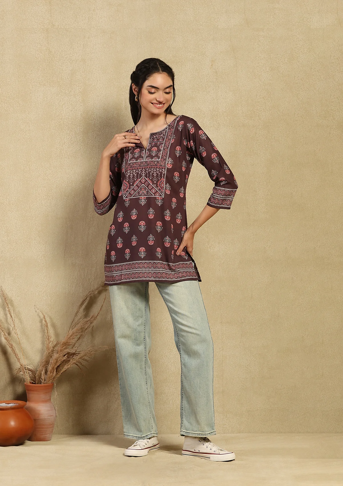 HOC Hand Embellished Cotton Blend Printed Women's Short Kurta - Brown - Healthber