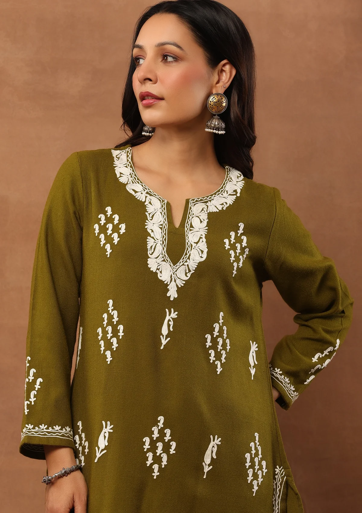HOC Aari Embroidered Woollen Solid Women's Long Kurta - Olive Green - Healthber
