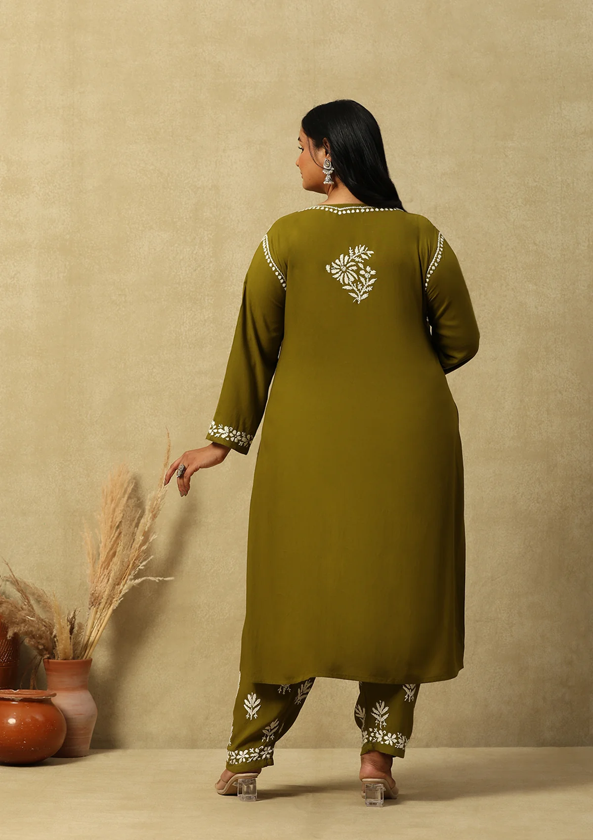 HOC Rayon Chikankari Solid Women's 2 PC Long Kurta Set-Olive Green - Healthber