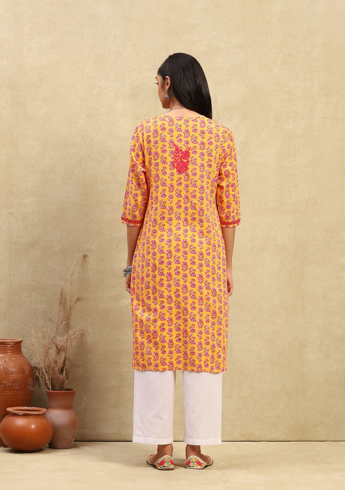 HOC Cotton Chikankari Printed Women's Long Kurta - Mustard Yellow - Healthber
