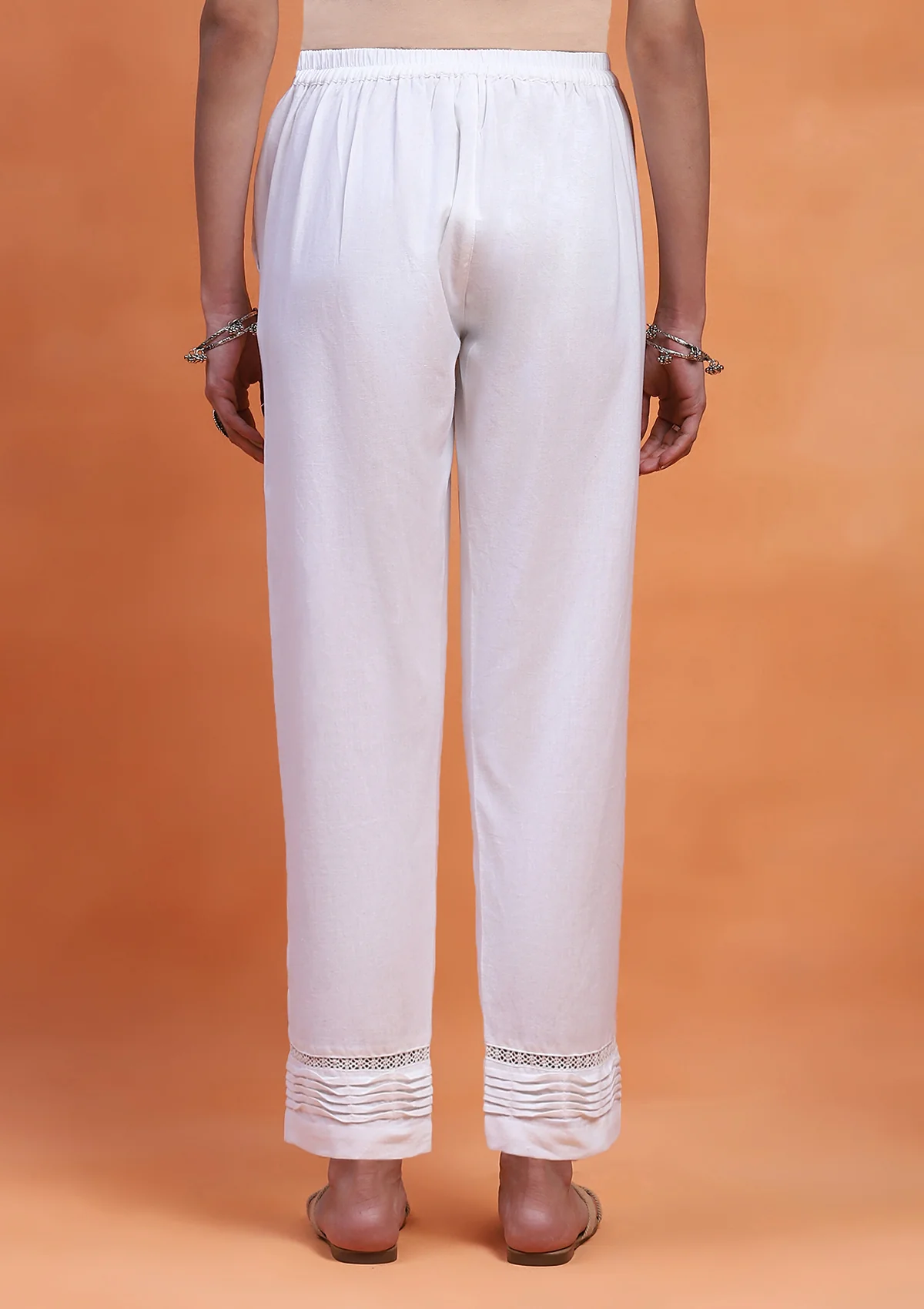 HOC Cotton Loom Solid Women's Pintuck Pants with Lace - White - Healthber