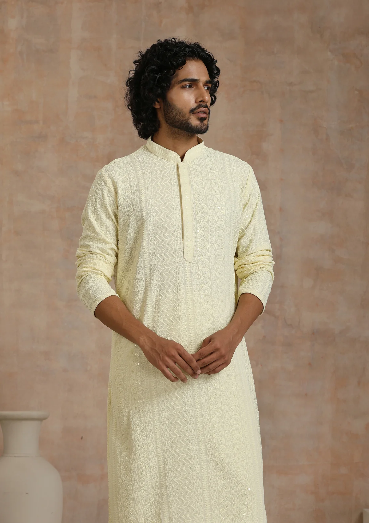 Rayon Schiffli Solid Men's Long Kurta- Cream - Healthber