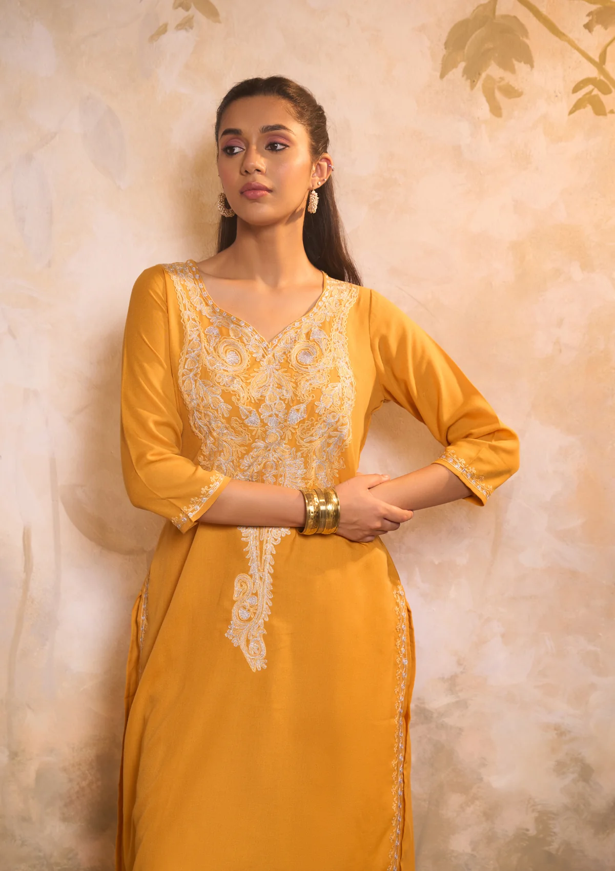 HOC Cotton Embroidered Aari With Zari Work Solid Women's 2 PC Long Kurta Set - Yellow - Healthber