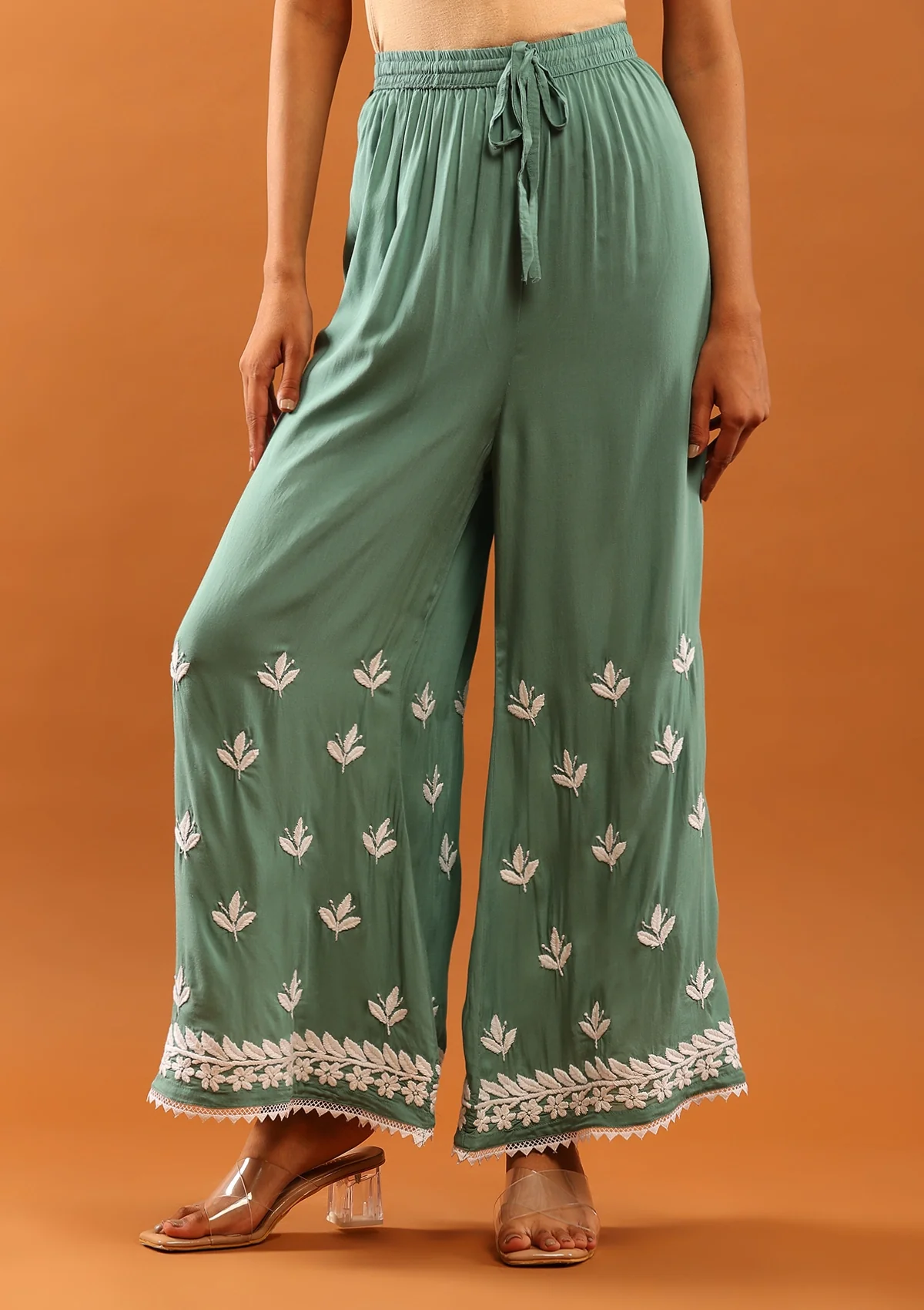 Modal Chikankari Solid Women's 2 PC Long Kurta Set with Lace -Green - Healthber