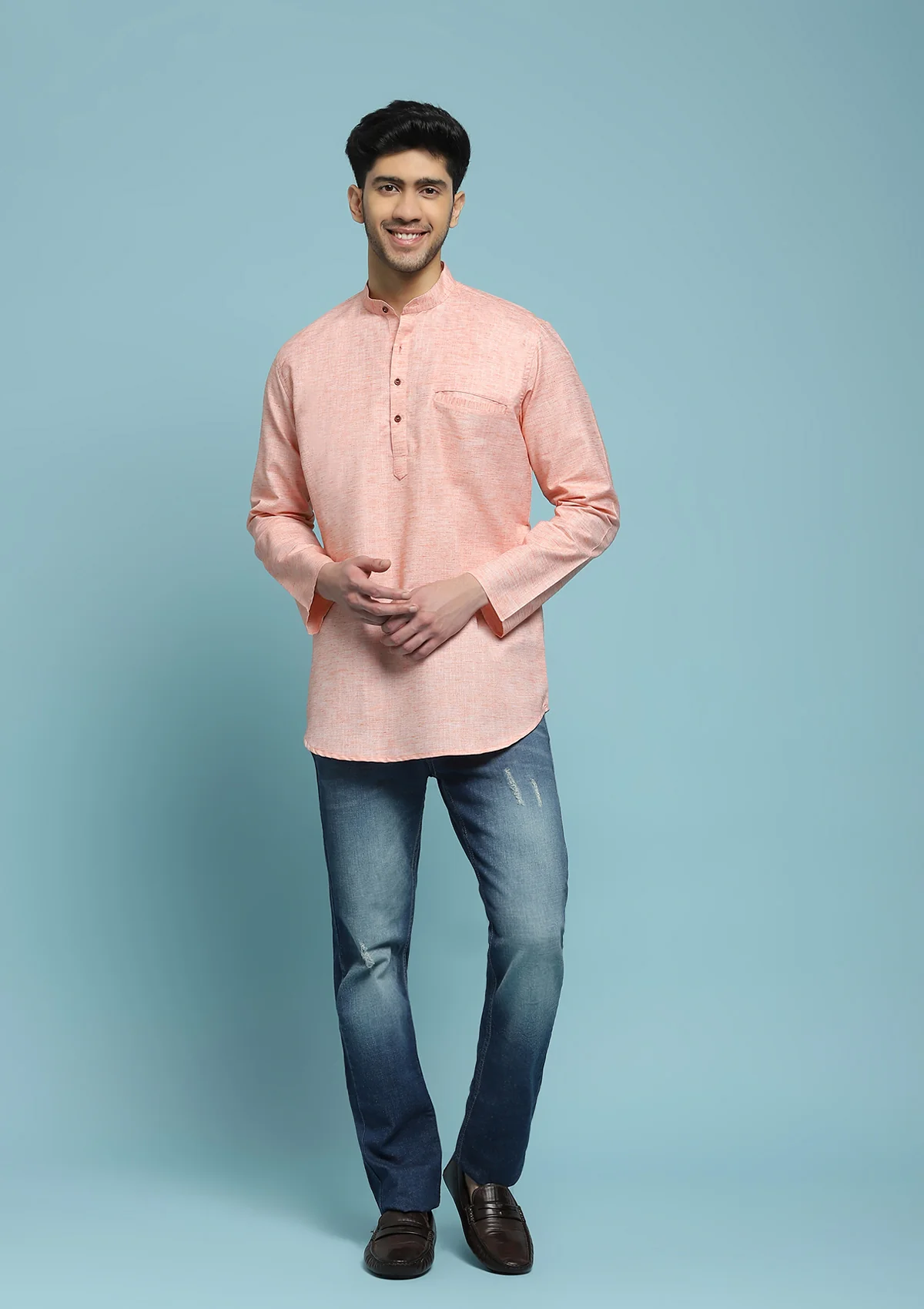 HOC Poly Cotton Solid Men's Short Kurta - Peach - Healthber